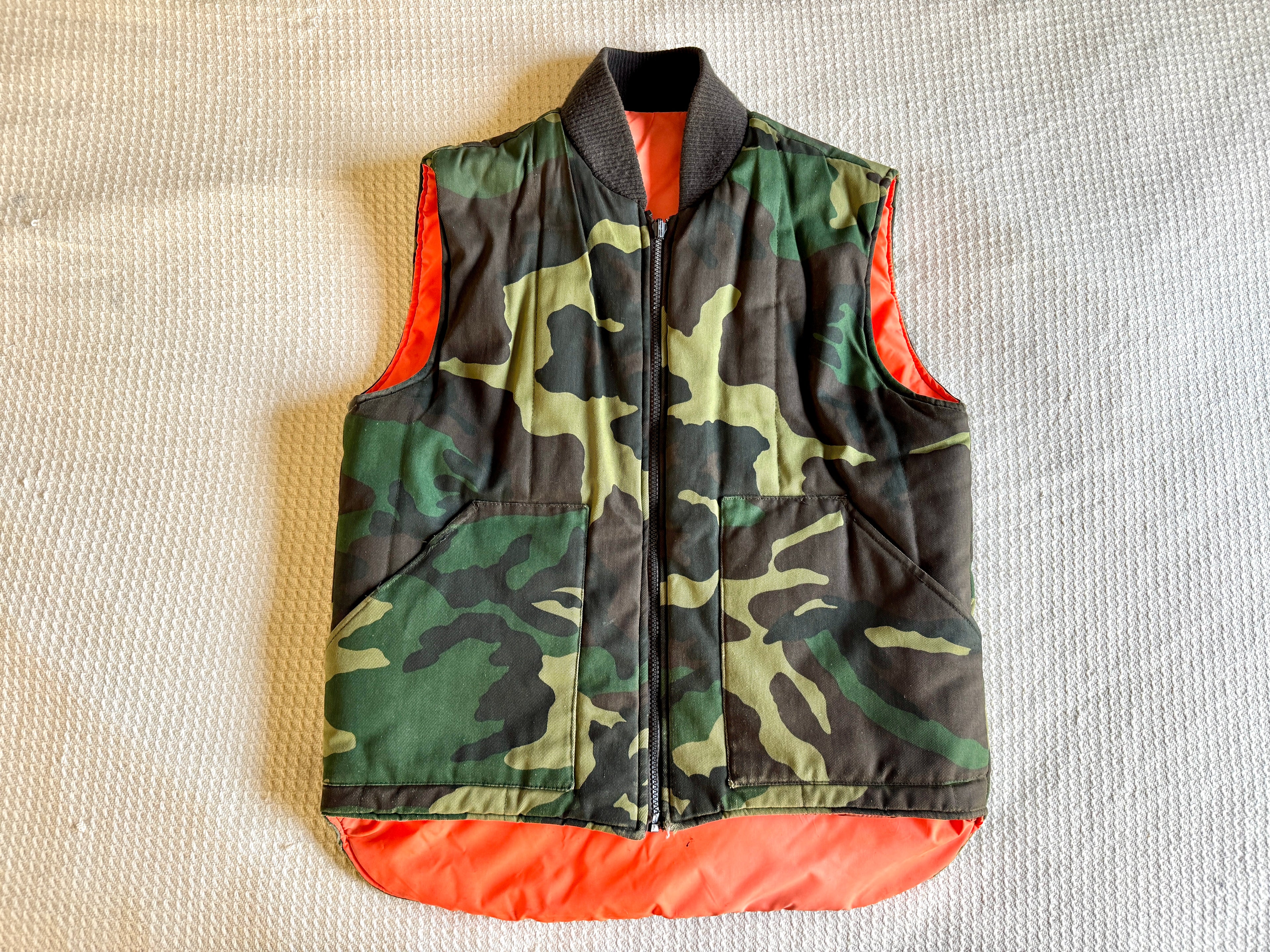 1980's A&N Green Woodland Camo Vest with Reversible Hunting Orange Puffy Vest (S)