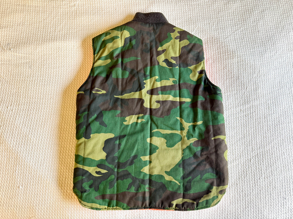 1980's A&N Green Woodland Camo Vest with Reversible Hunting Orange Puffy Vest (S)