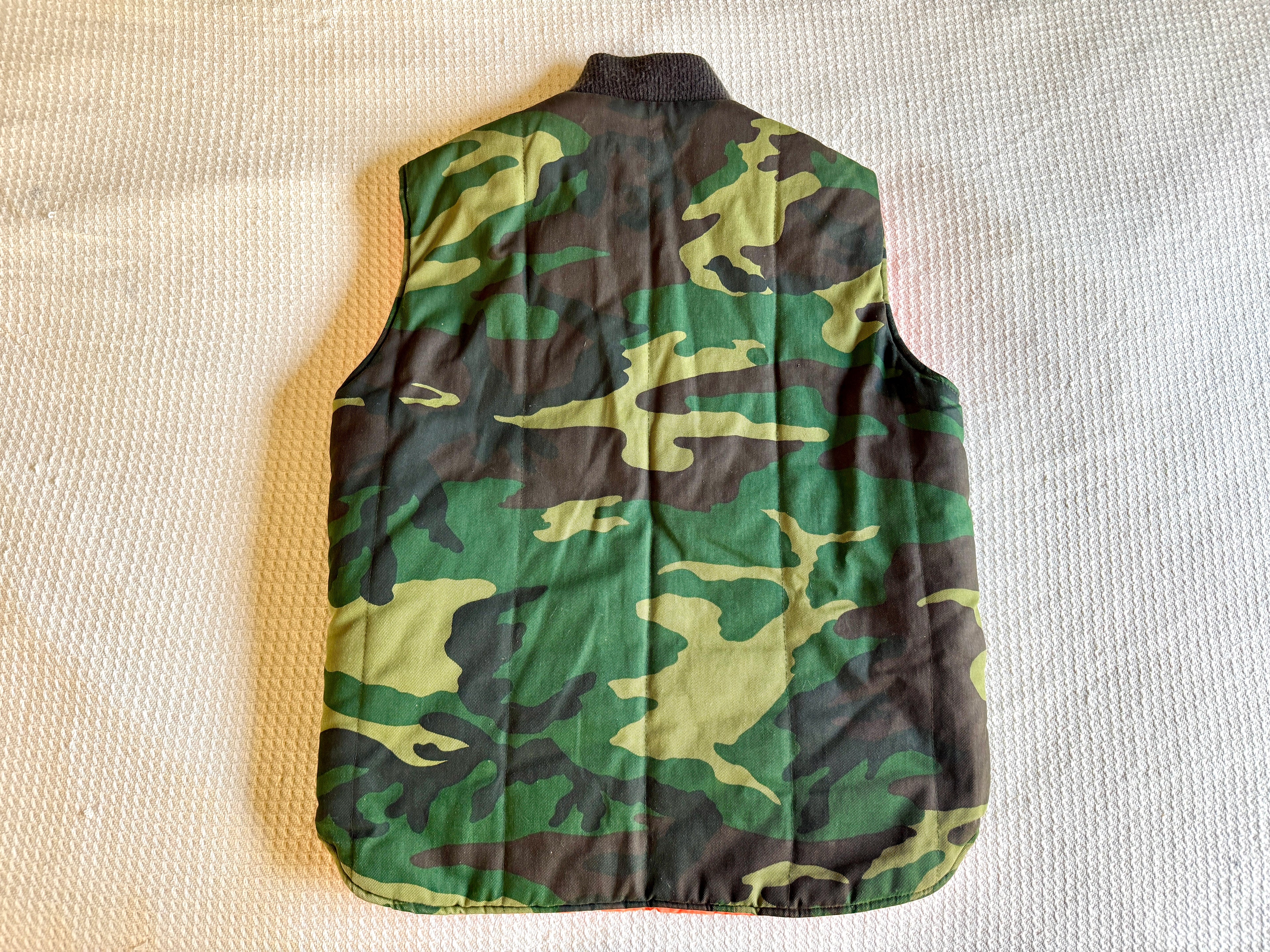 1980's A&N Green Woodland Camo Vest with Reversible Hunting Orange Puffy Vest (S)