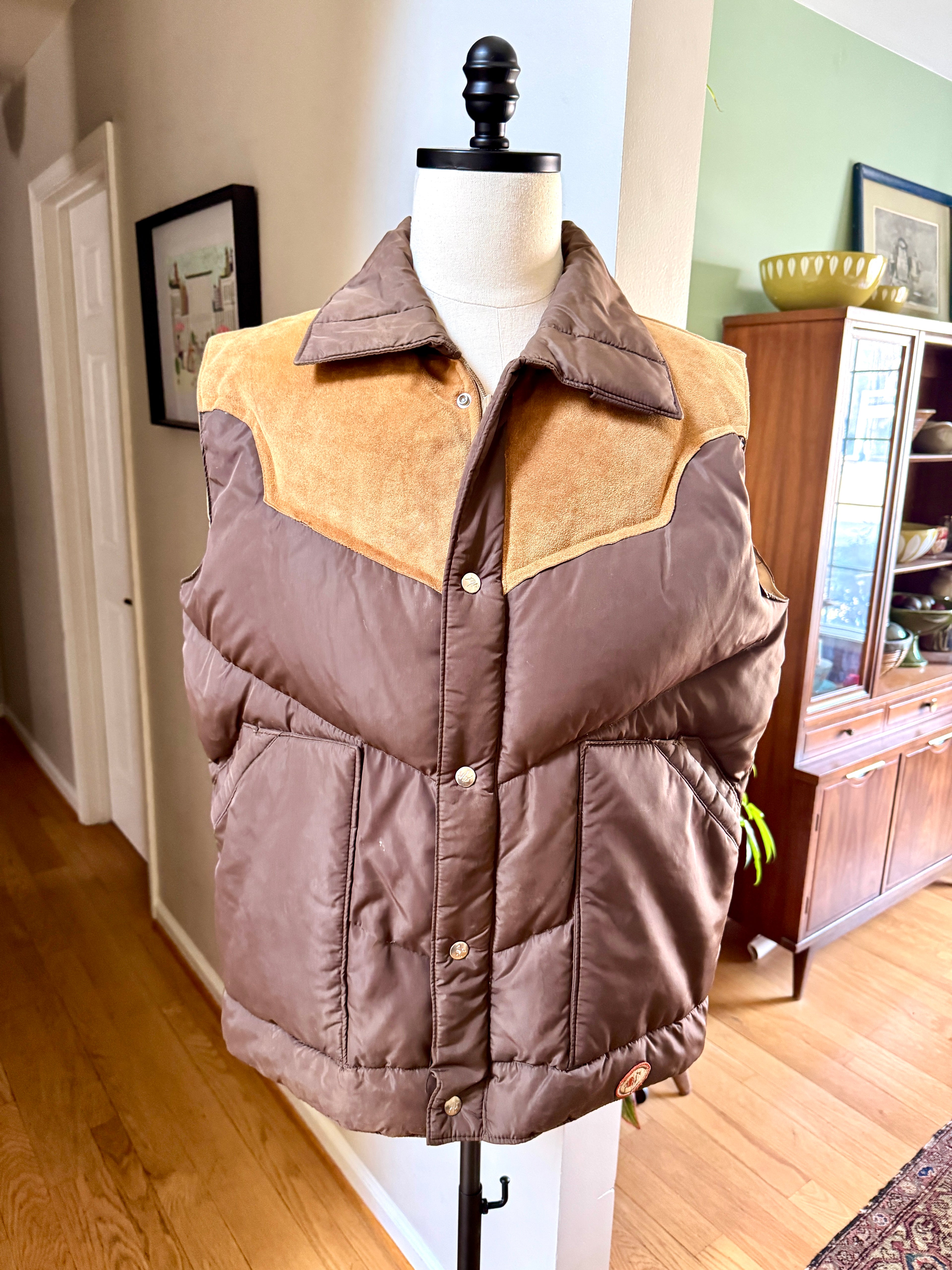 Camel Northern Goose Down Winter Vest ~ Vtg 70s Brown w/ Suede Men's XXL