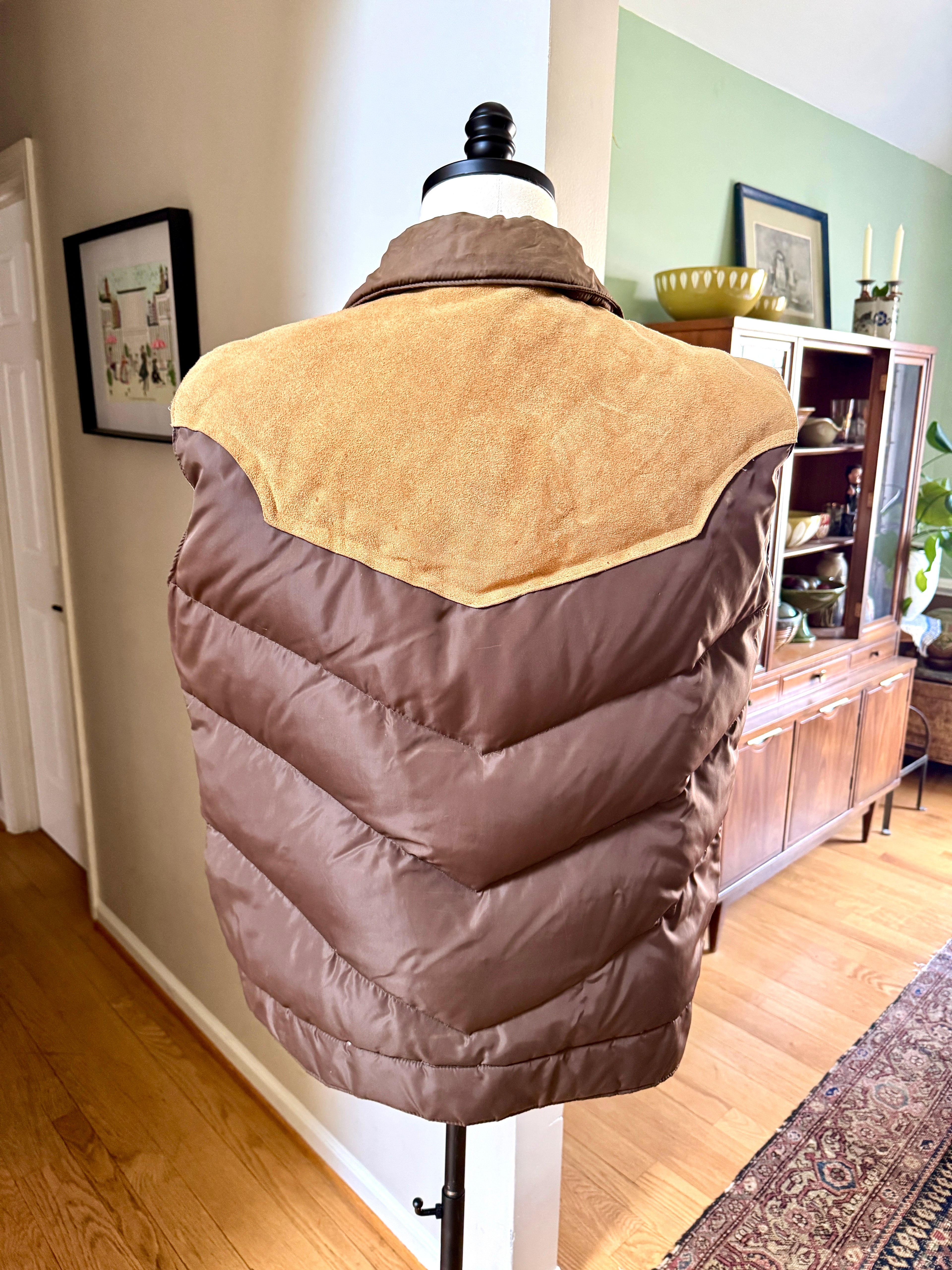 Camel Northern Goose Down Winter Vest ~ Vtg 70s Brown w/ Suede Men's XXL