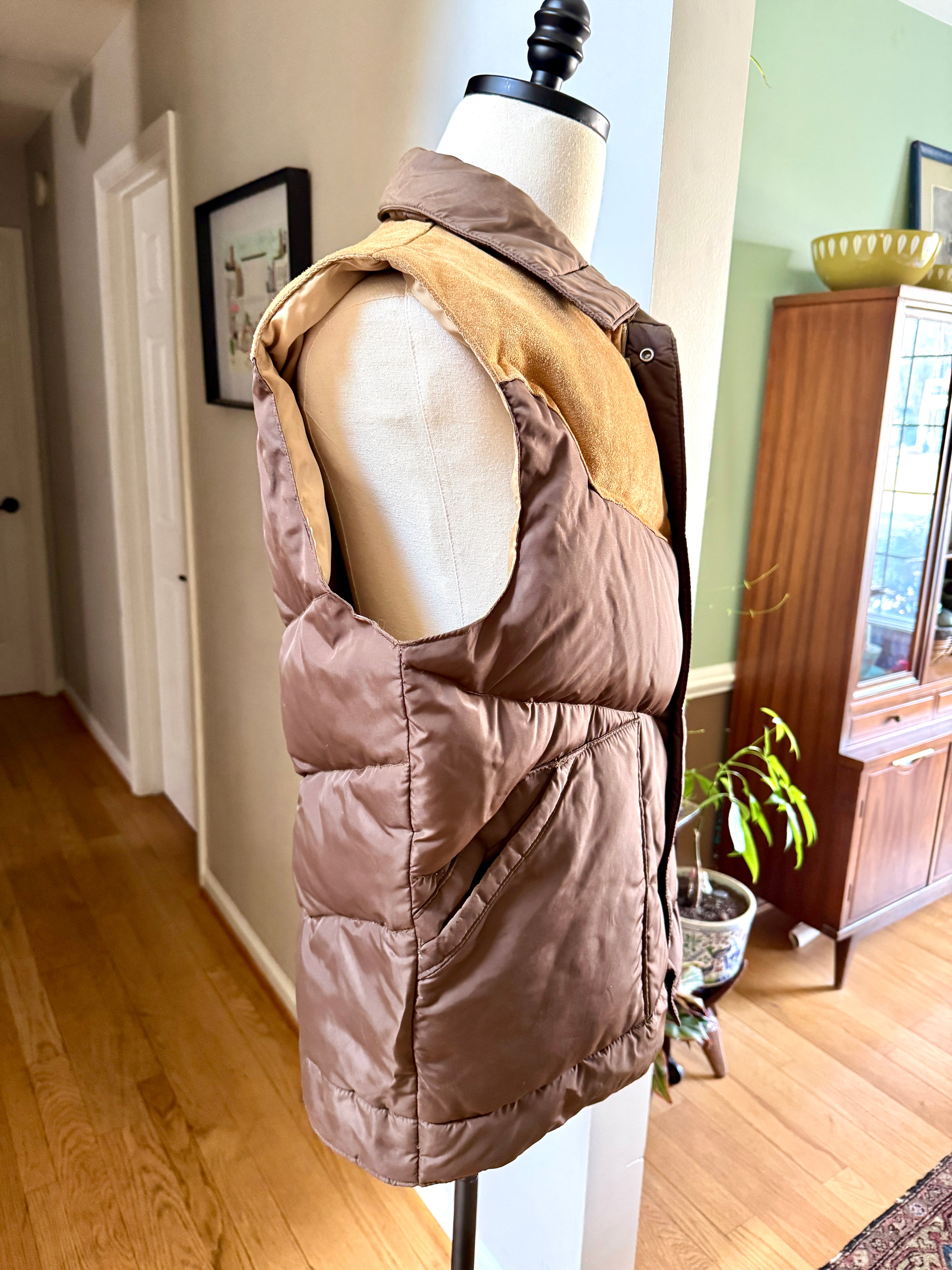 Camel Northern Goose Down Winter Vest ~ Vtg 70s Brown w/ Suede Men's XXL