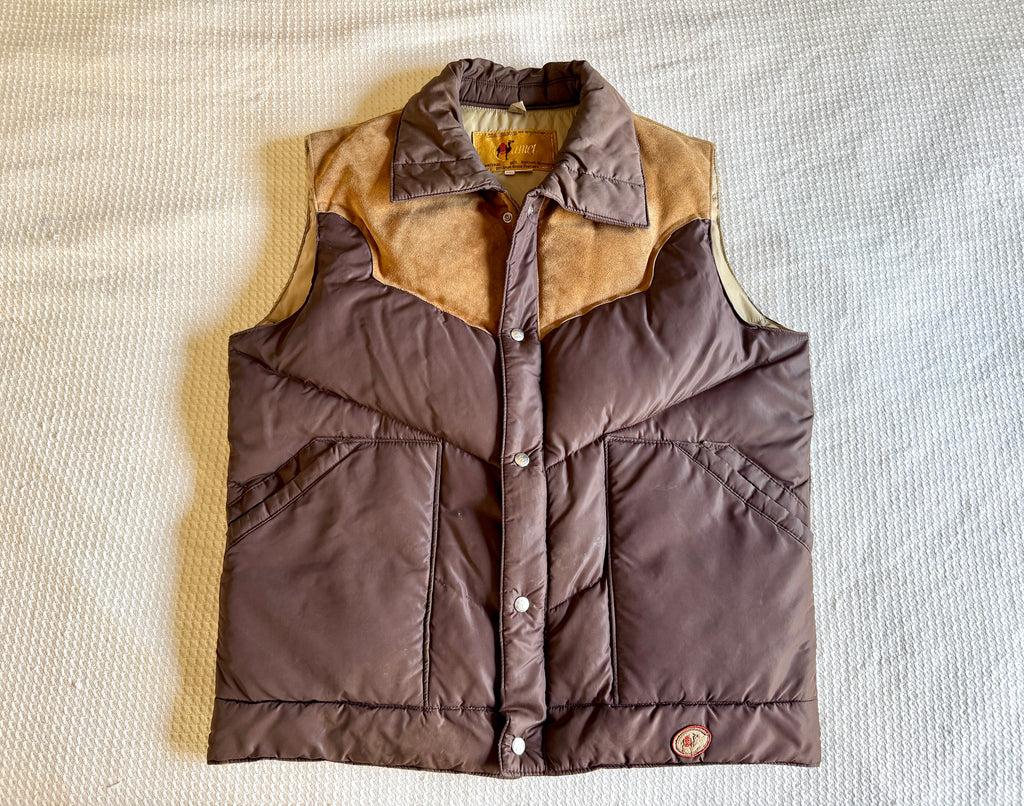 Camel Northern Goose Down Winter Vest ~ Vtg 70s Brown w/ Suede Men's XXL