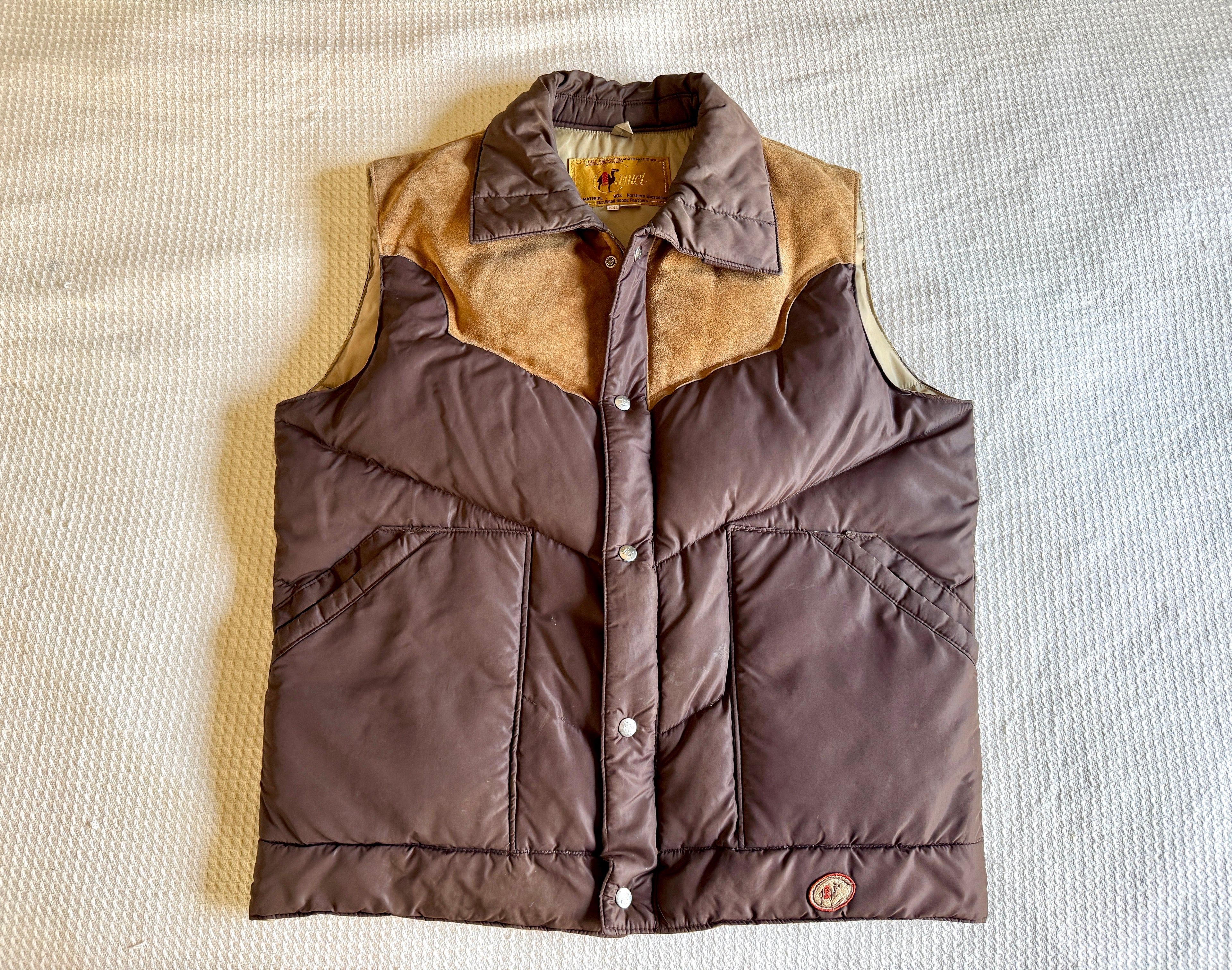 Camel Northern Goose Down Winter Vest ~ Vtg 70s Brown w/ Suede Men's XXL
