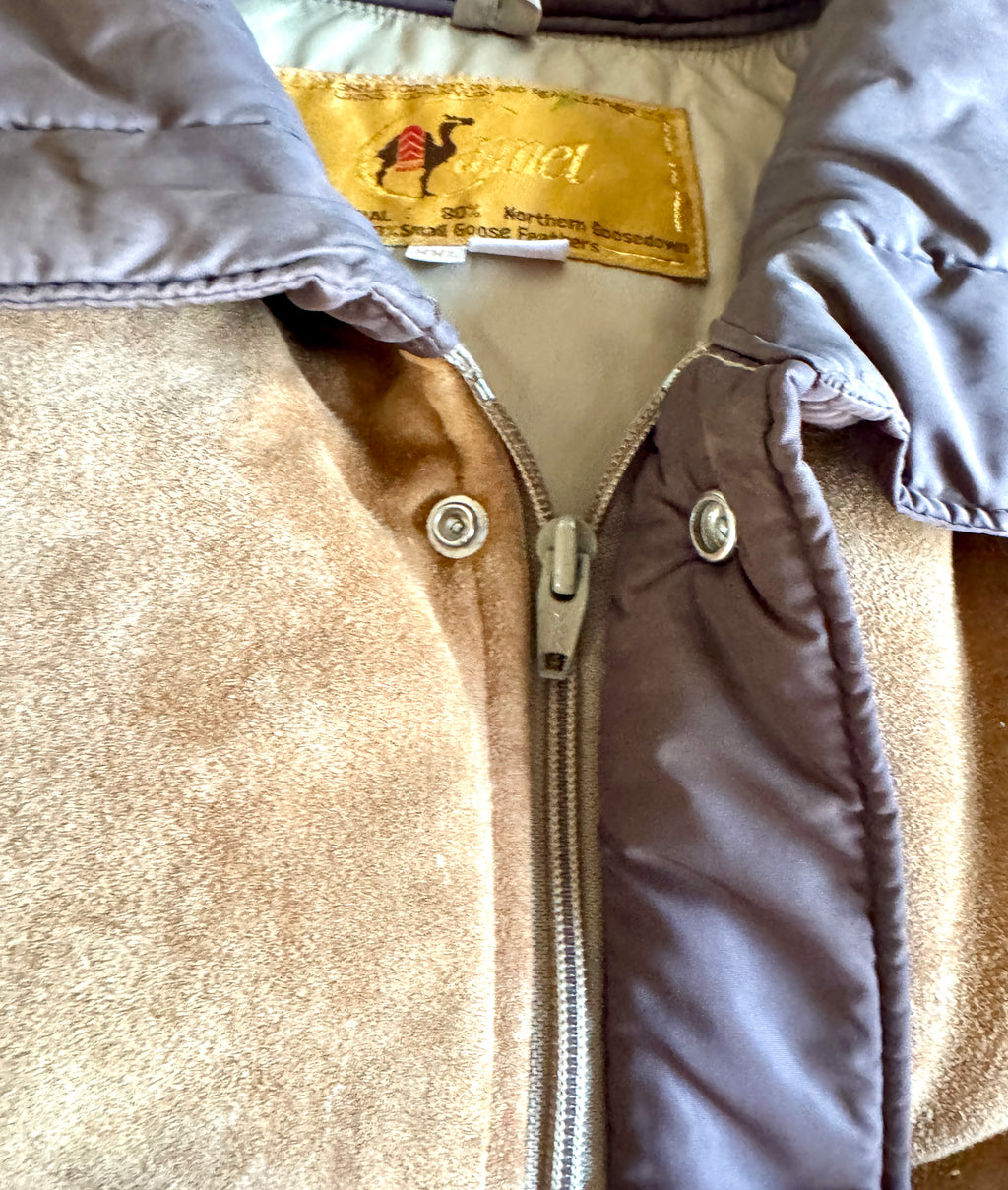 Camel Northern Goose Down Winter Vest ~ Vtg 70s Brown w/ Suede Men's XXL