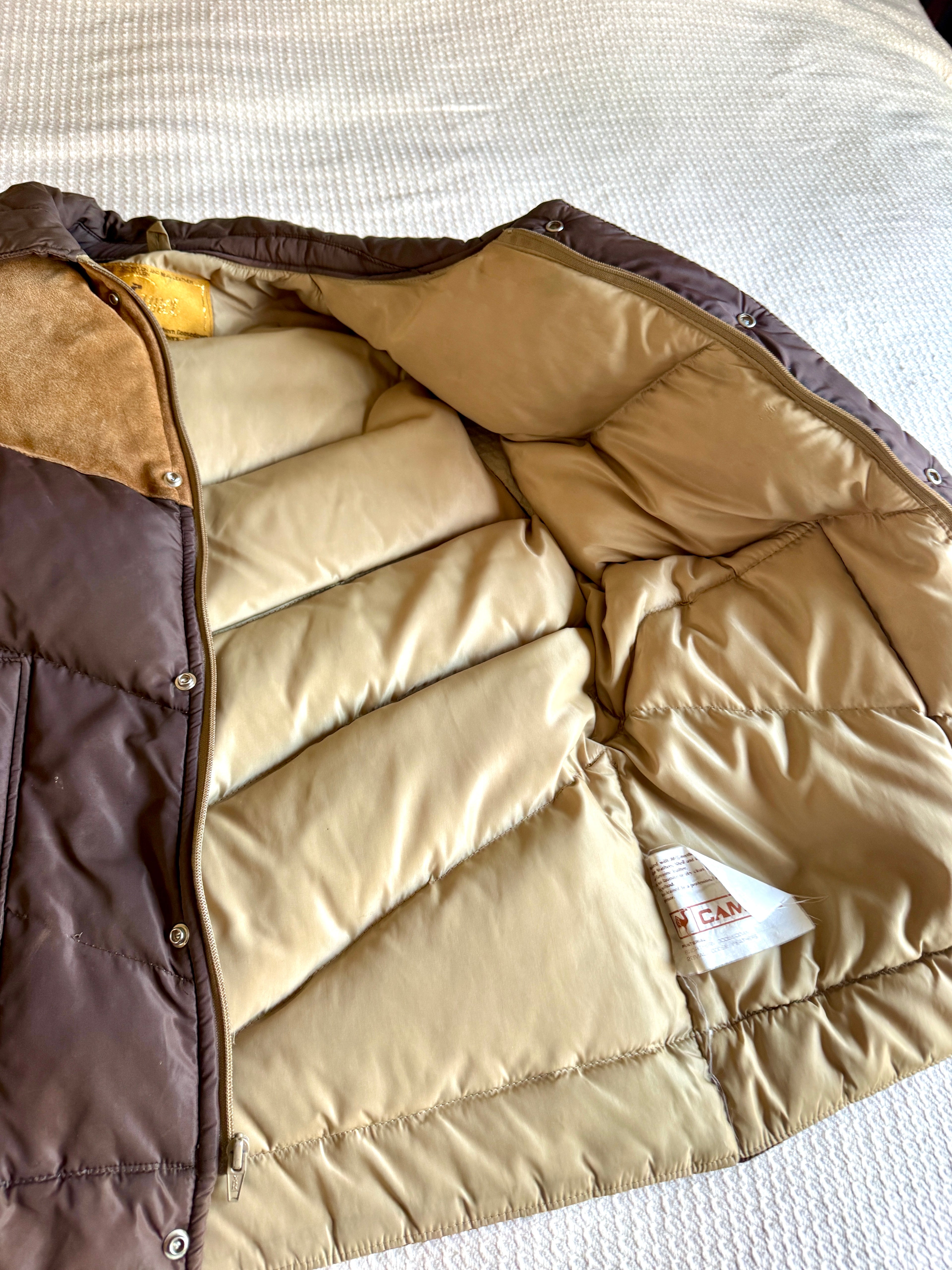 Camel Northern Goose Down Winter Vest ~ Vtg 70s Brown w/ Suede Men's XXL