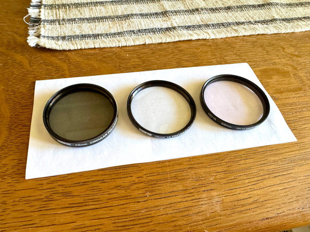 Vtg 58MM lens Filters Sunpak Circular Polarizer & UV Lens and a Hoya Skylight (1B) Lens