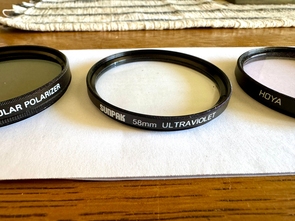 Vtg 58MM lens Filters Sunpak Circular Polarizer & UV Lens and a Hoya Skylight (1B) Lens