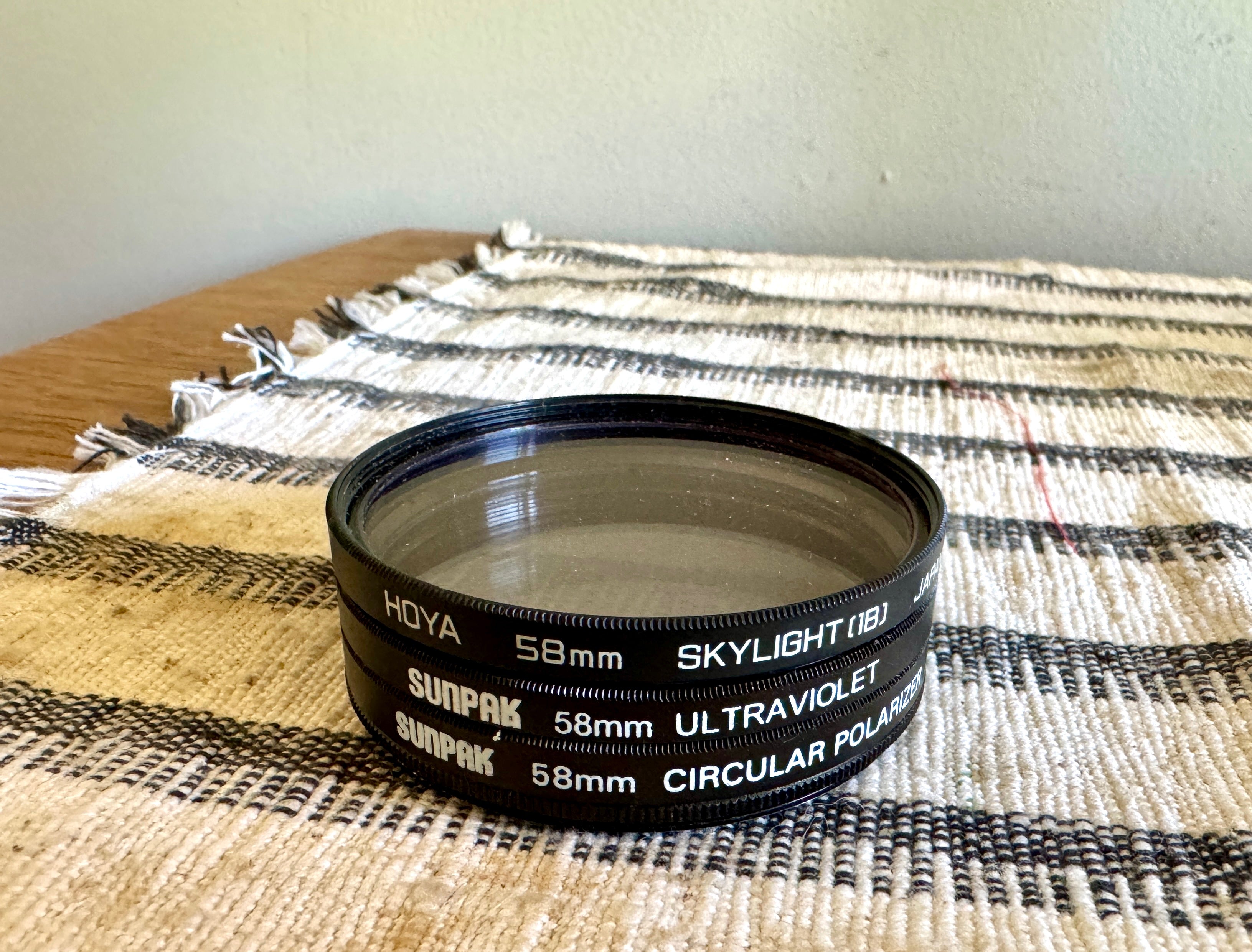 Vtg 58MM lens Filters Sunpak Circular Polarizer & UV Lens and a Hoya Skylight (1B) Lens