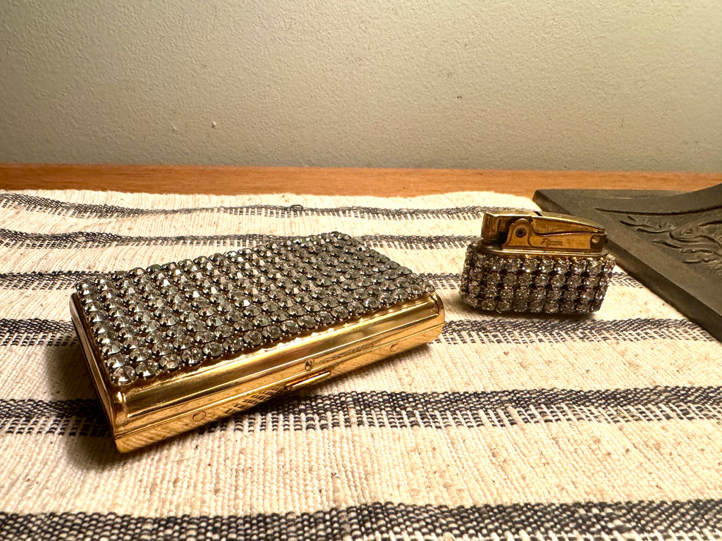 Old Hollywood Glam Rhinestone Cigarette Case and Matching Lighter ~ Faux Diamond Business Card Holder