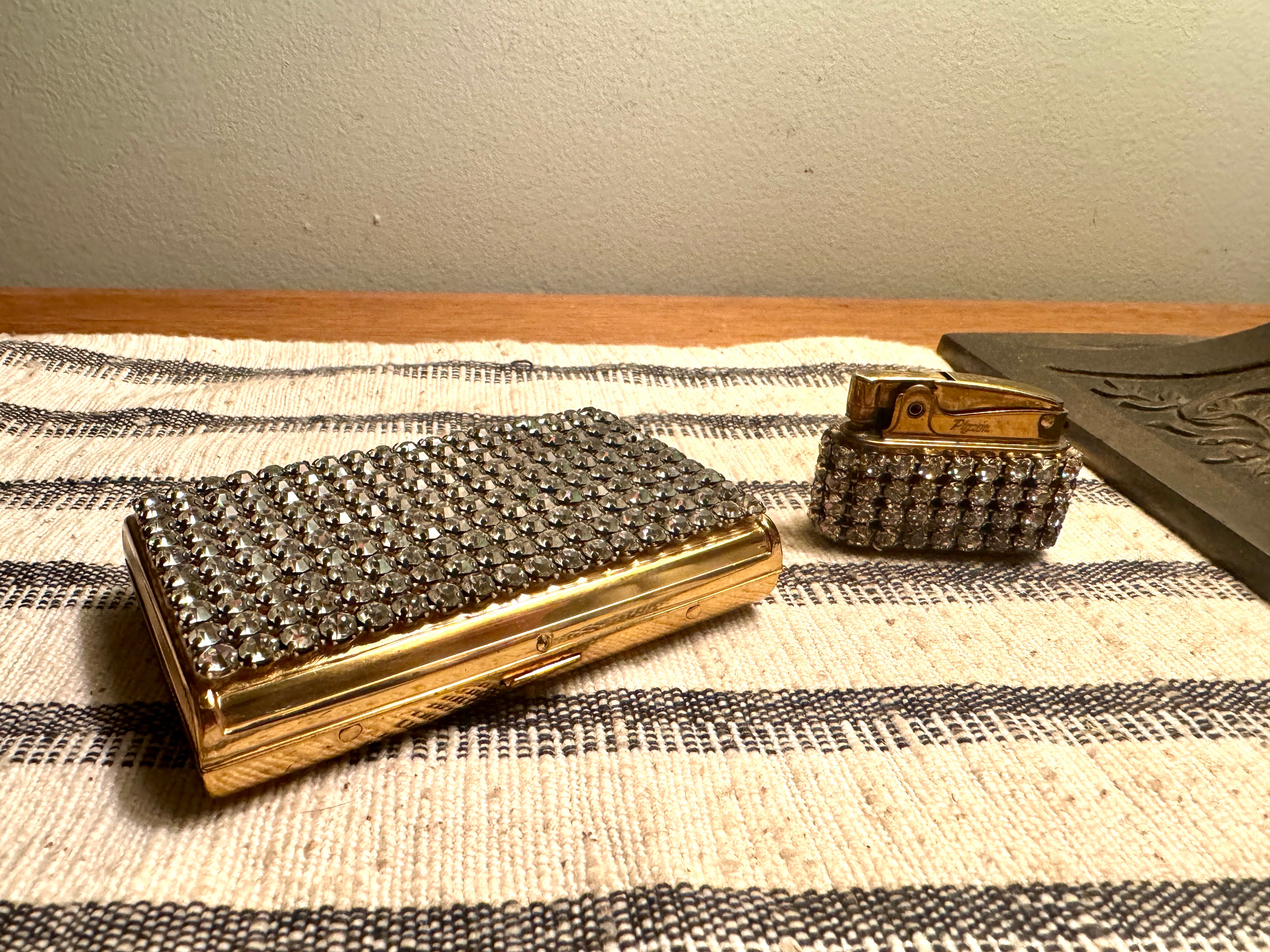 Old Hollywood Glam Rhinestone Cigarette Case and Matching Lighter ~ Faux Diamond Business Card Holder