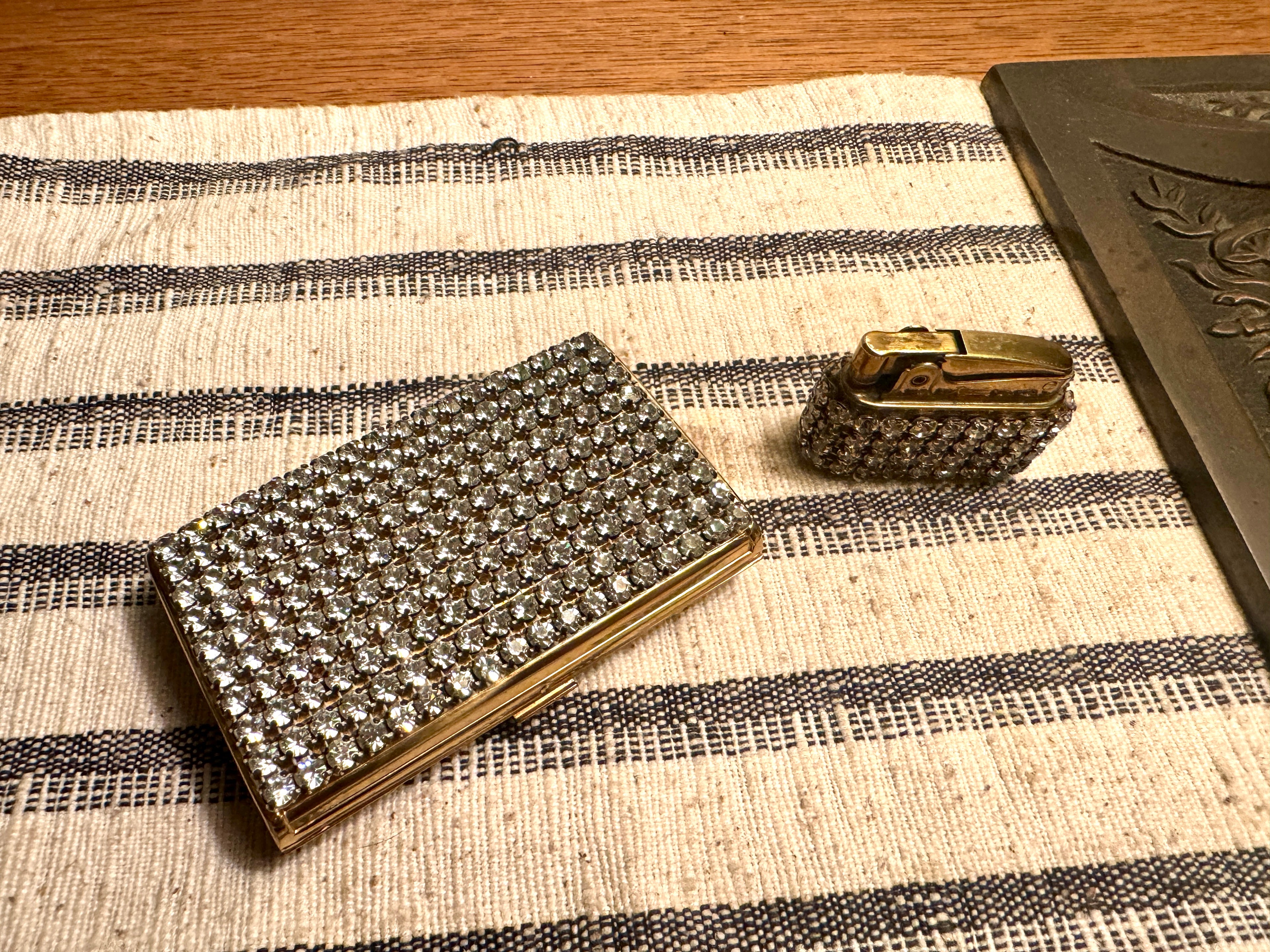 Old Hollywood Glam Rhinestone Cigarette Case and Matching Lighter ~ Faux Diamond Business Card Holder