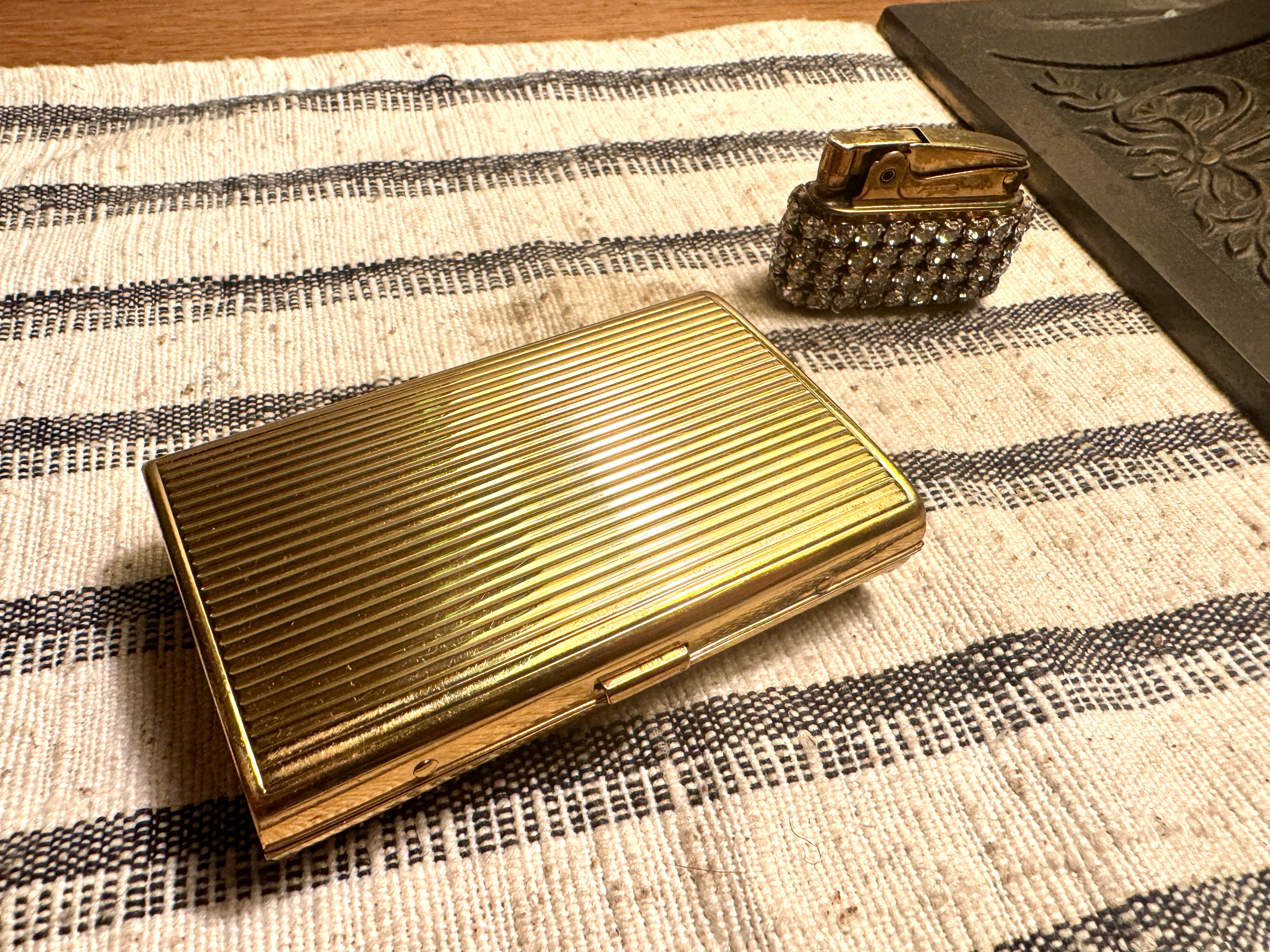 Old Hollywood Glam Rhinestone Cigarette Case and Matching Lighter ~ Faux Diamond Business Card Holder