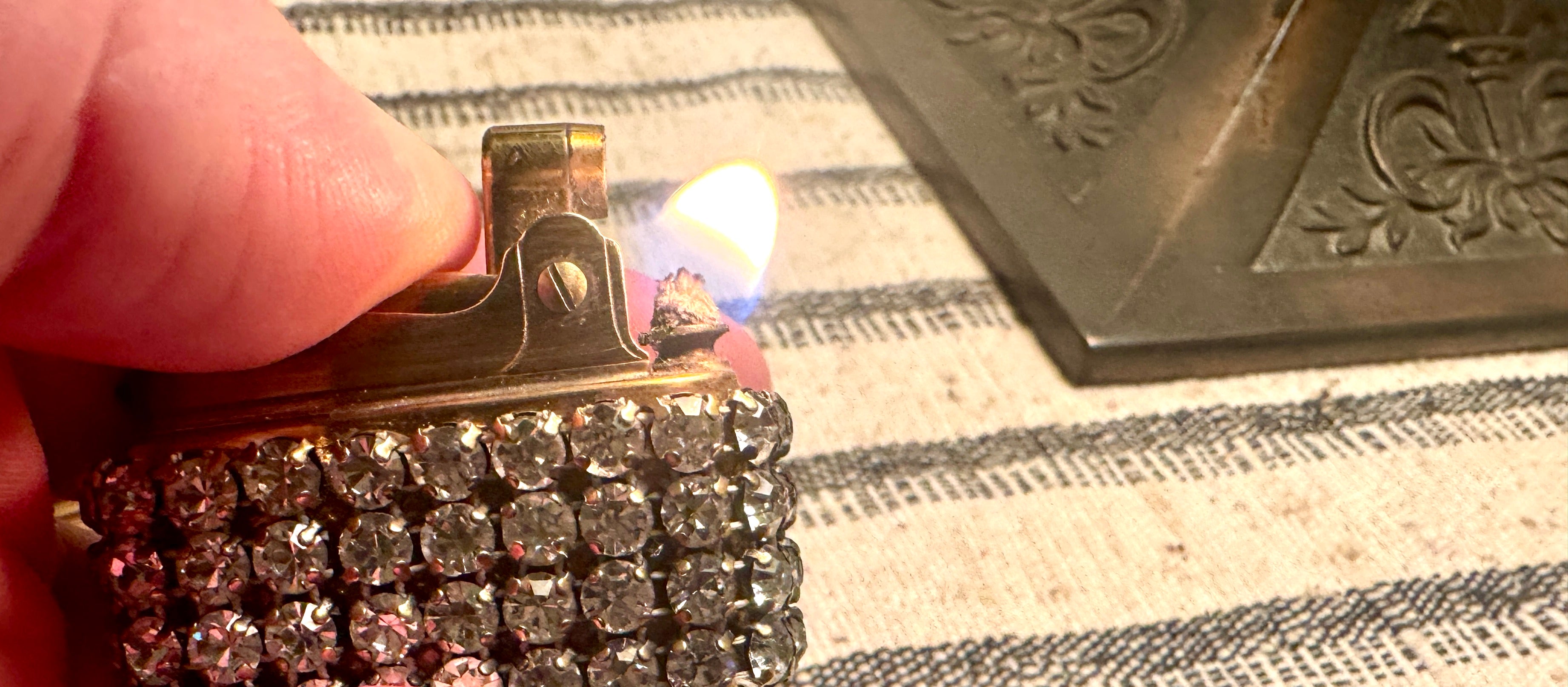 Old Hollywood Glam Rhinestone Cigarette Case and Matching Lighter ~ Faux Diamond Business Card Holder