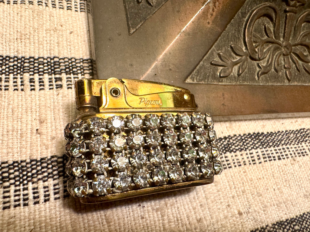 Old Hollywood Glam Rhinestone Cigarette Case and Matching Lighter ~ Faux Diamond Business Card Holder
