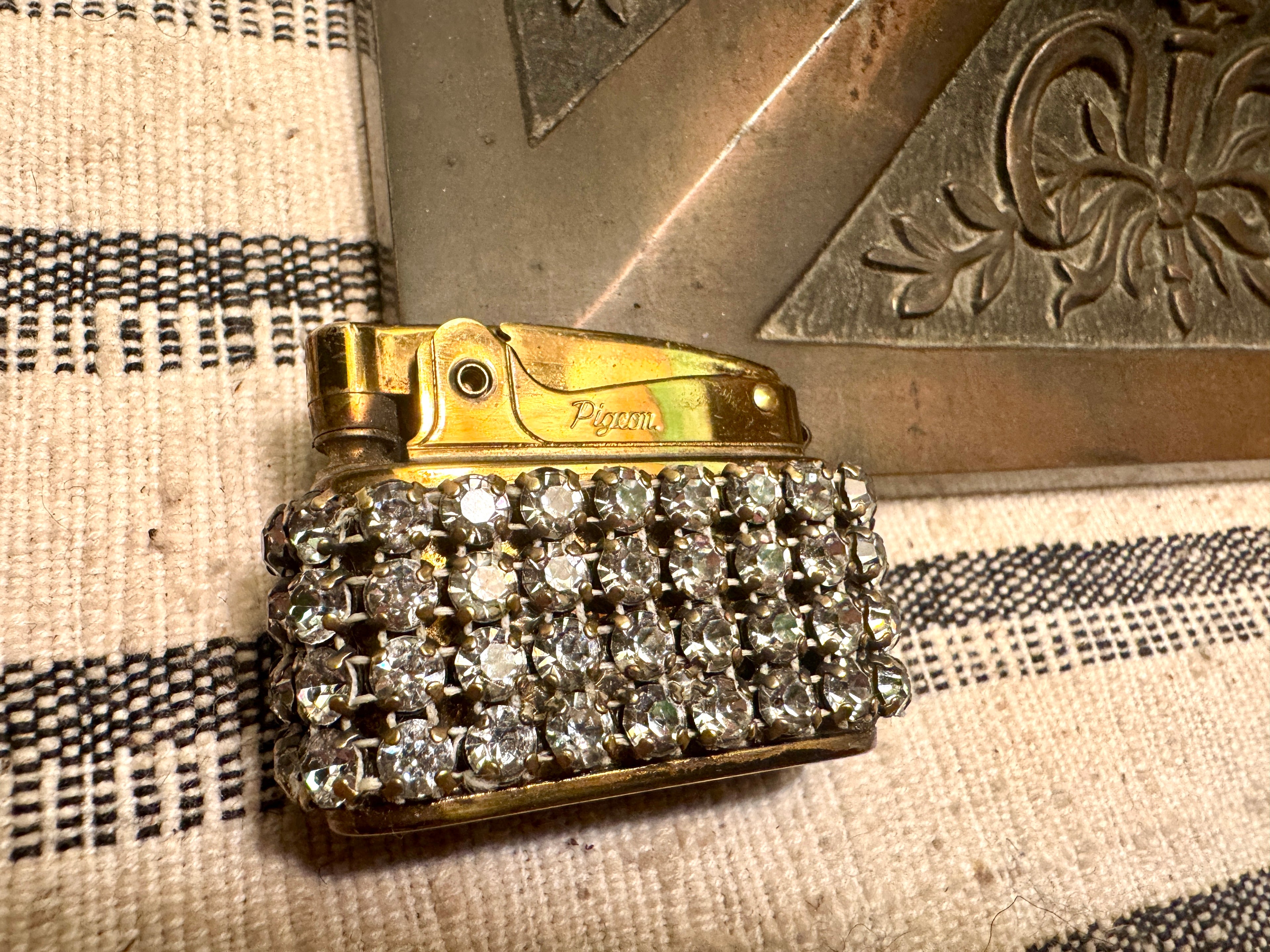 Old Hollywood Glam Rhinestone Cigarette Case and Matching Lighter ~ Faux Diamond Business Card Holder