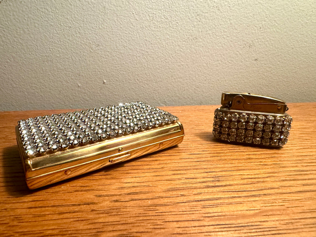 Old Hollywood Glam Rhinestone Cigarette Case and Matching Lighter ~ Faux Diamond Business Card Holder