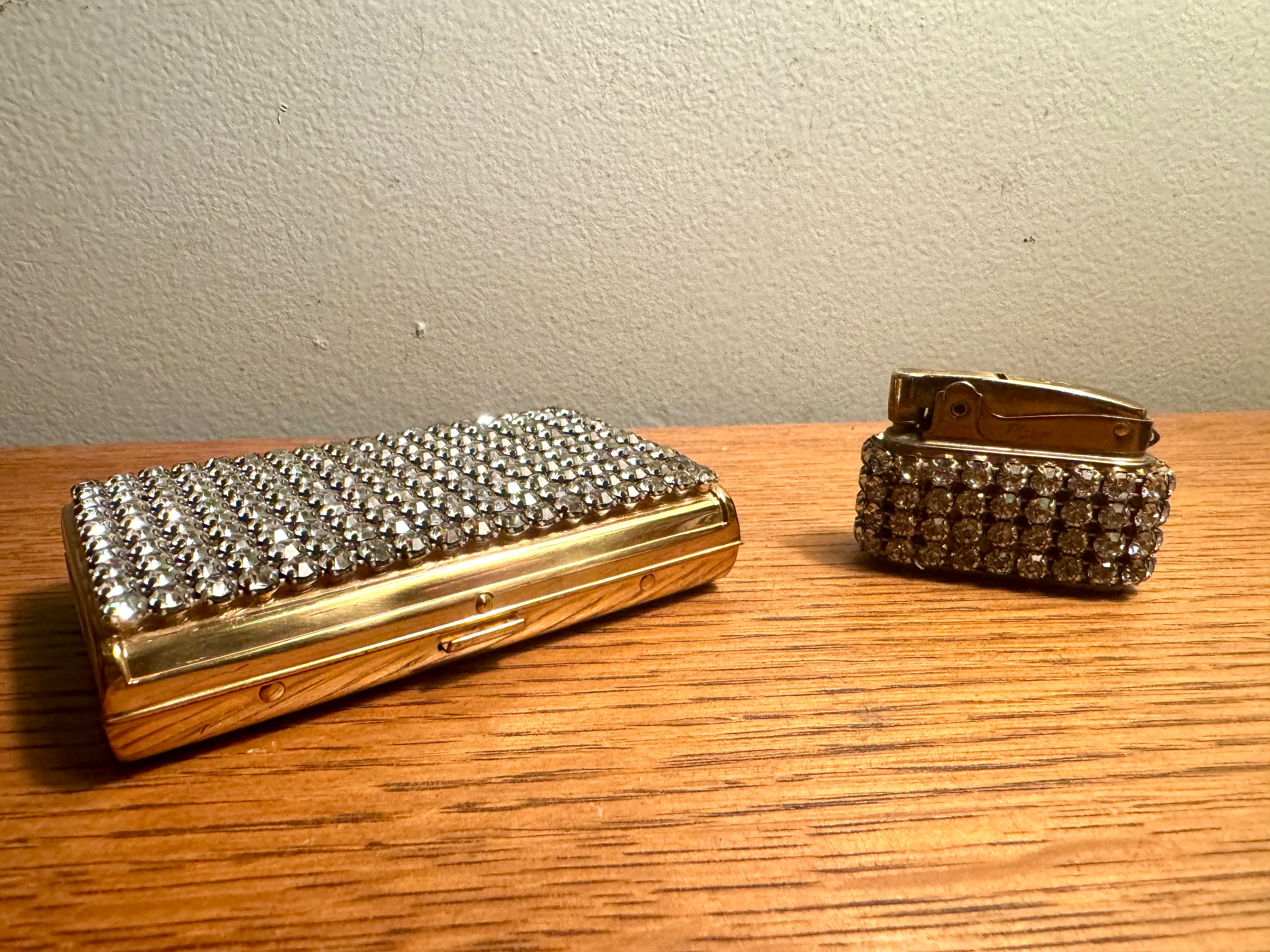 Old Hollywood Glam Rhinestone Cigarette Case and Matching Lighter ~ Faux Diamond Business Card Holder