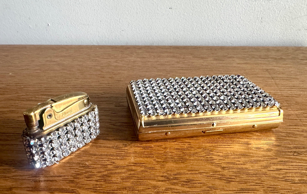 Old Hollywood Glam Rhinestone Cigarette Case and Matching Lighter ~ Faux Diamond Business Card Holder