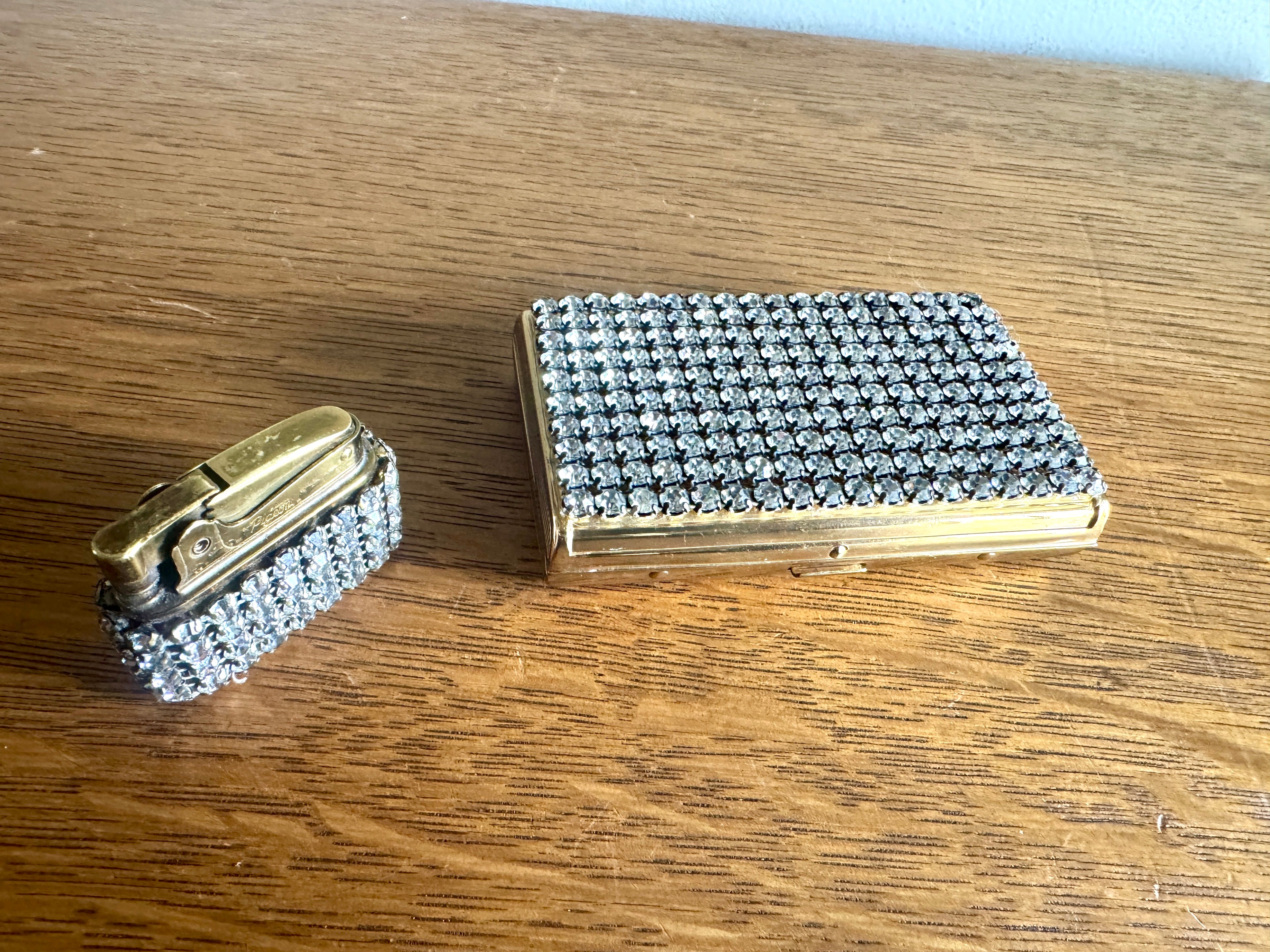 Old Hollywood Glam Rhinestone Cigarette Case and Matching Lighter ~ Faux Diamond Business Card Holder