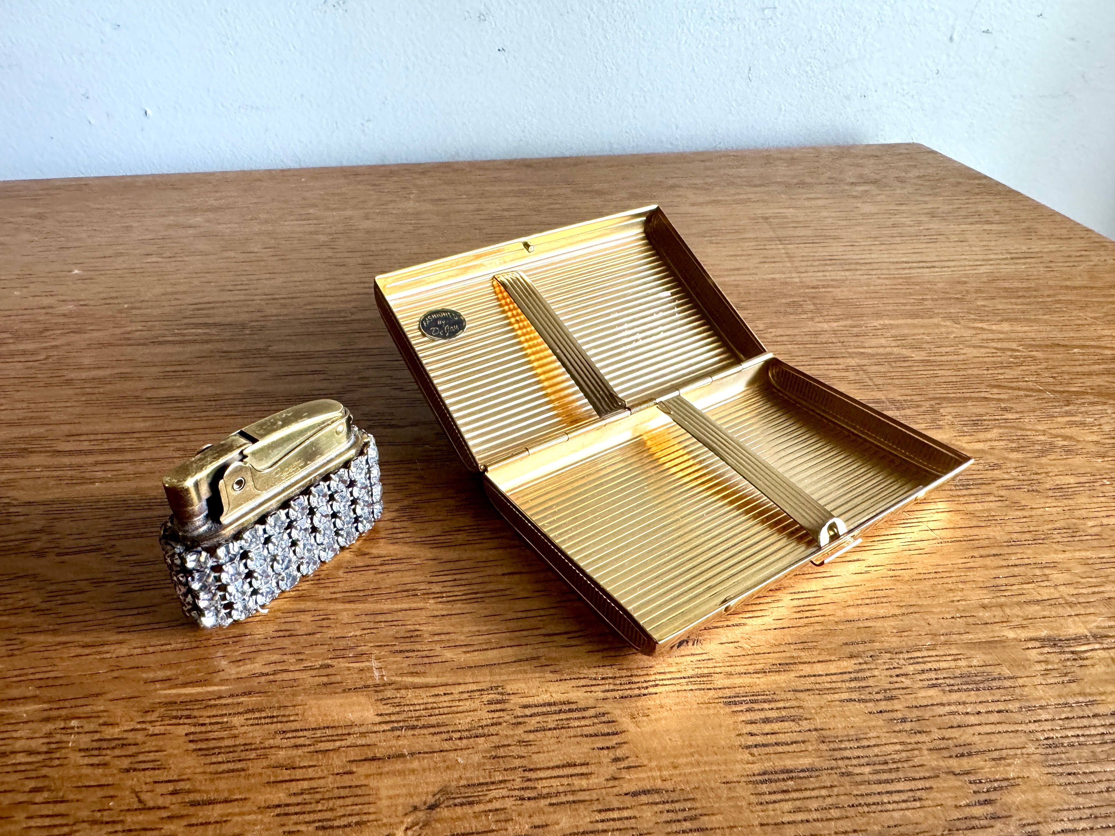 Old Hollywood Glam Rhinestone Cigarette Case and Matching Lighter ~ Faux Diamond Business Card Holder