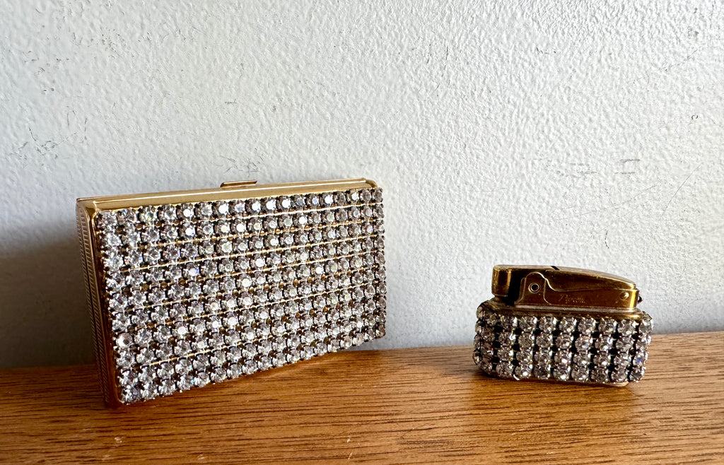 Old Hollywood Glam Rhinestone Cigarette Case and Matching Lighter ~ Faux Diamond Business Card Holder