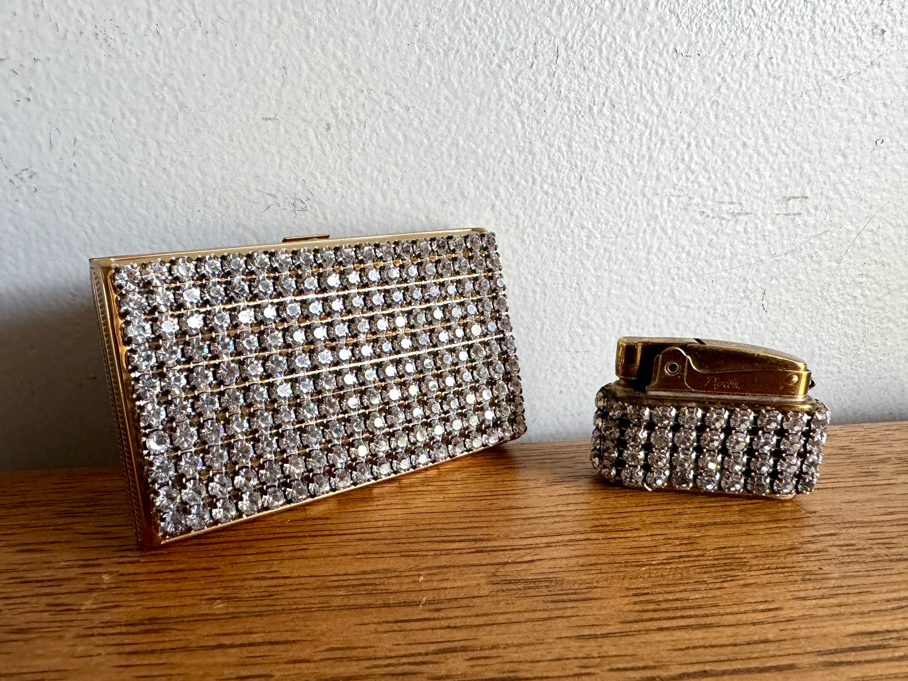 Old Hollywood Glam Rhinestone Cigarette Case and Matching Lighter ~ Faux Diamond Business Card Holder