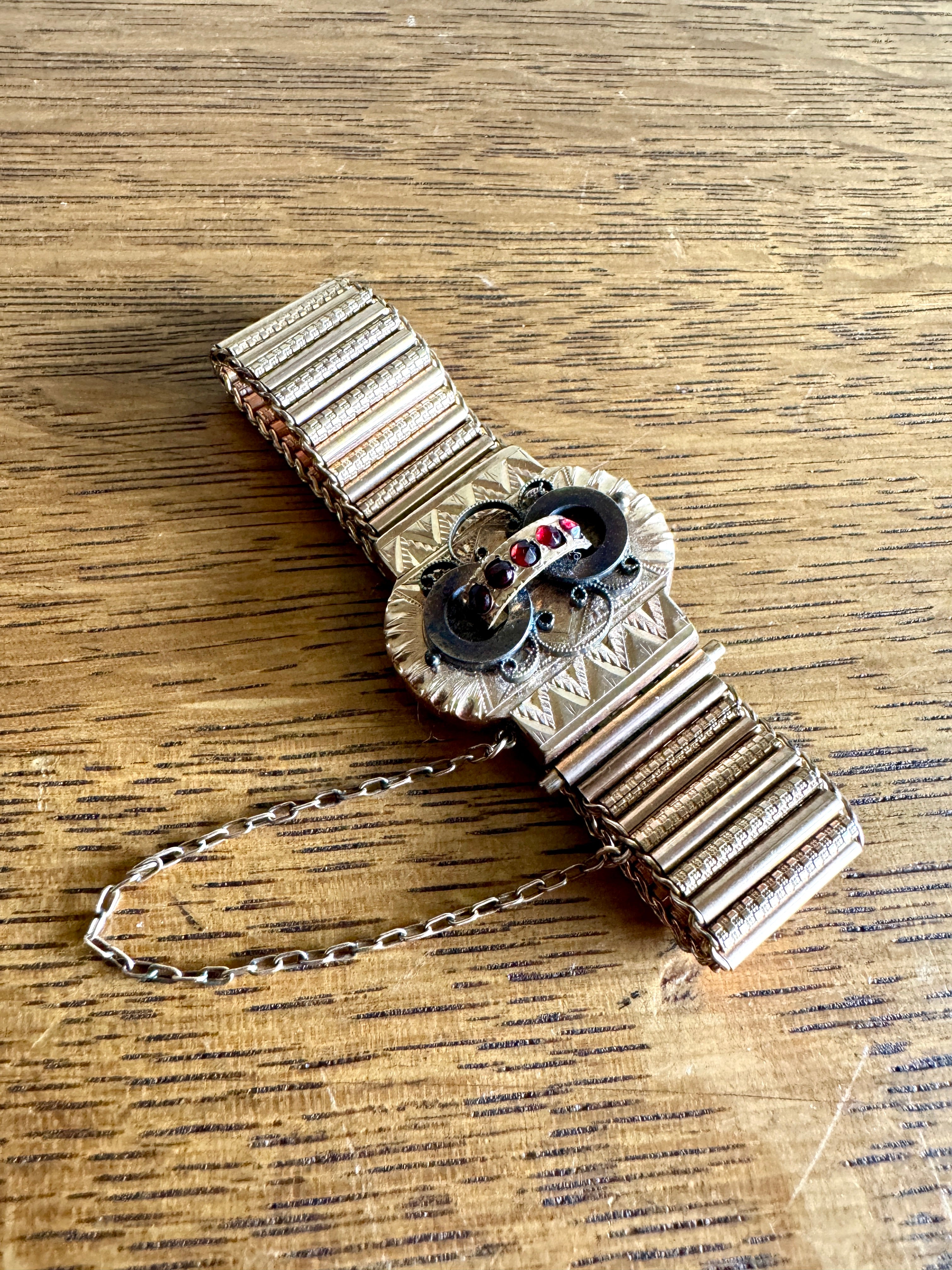 Antique Victorian Slide Bracelet with Red Stones | Ornate Gold Toned and Red Stone Book Chain Bracelet
