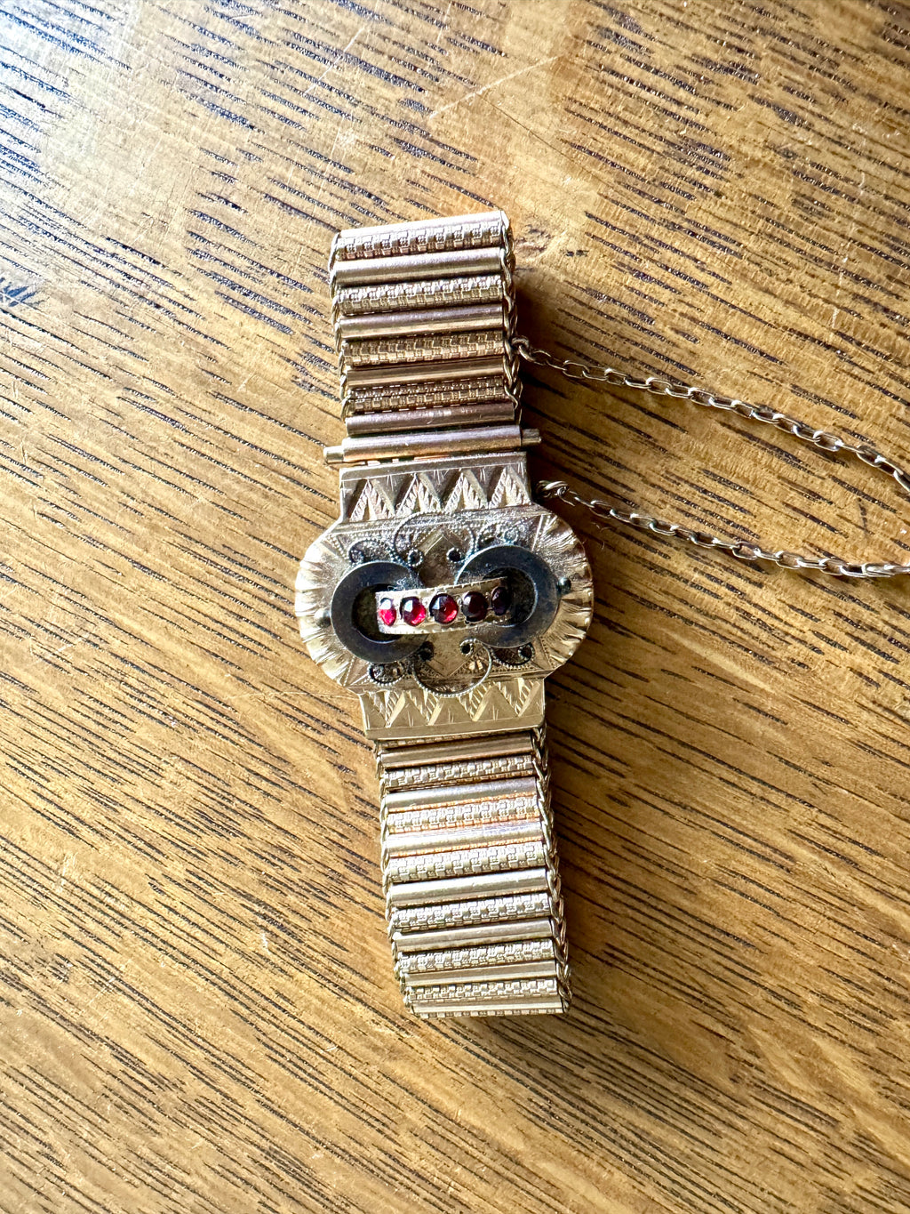 Antique Victorian Slide Bracelet with Red Stones | Ornate Gold Toned and Red Stone Book Chain Bracelet