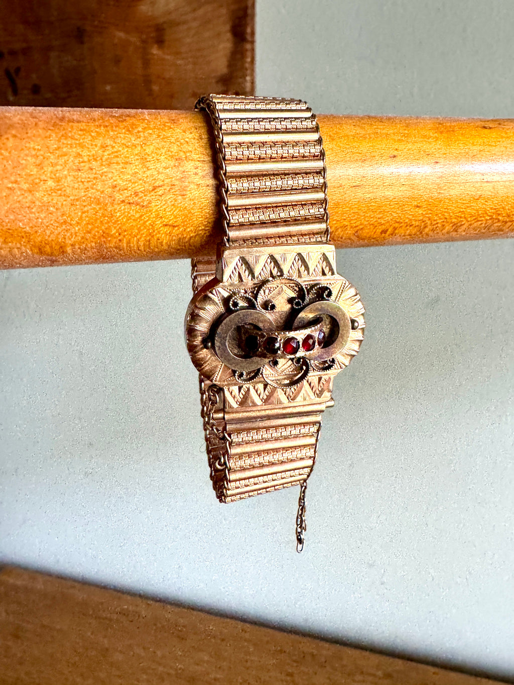 Antique Victorian Slide Bracelet with Red Stones | Ornate Gold Toned and Red Stone Book Chain Bracelet