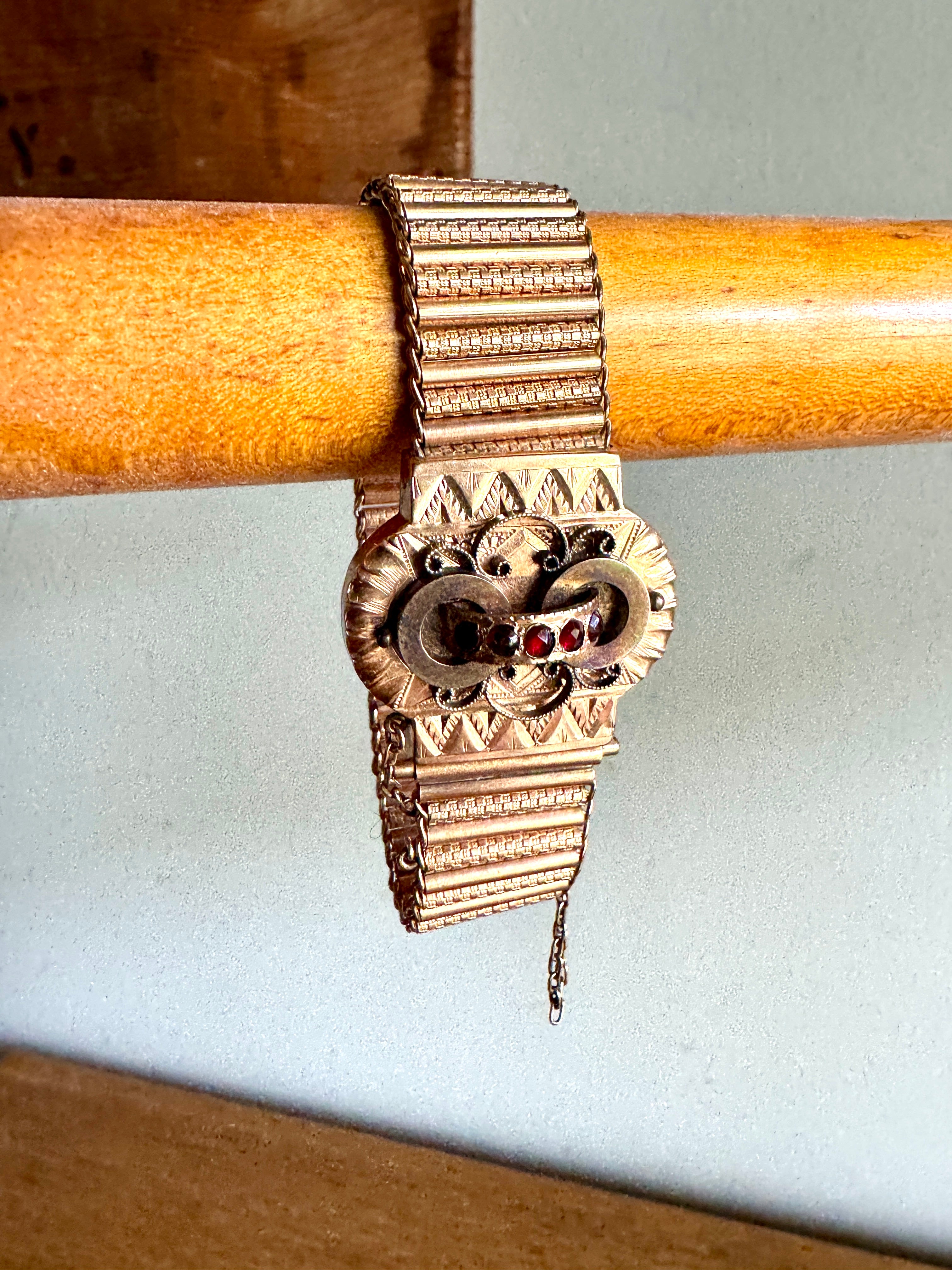 Antique Victorian Slide Bracelet with Red Stones | Ornate Gold Toned and Red Stone Book Chain Bracelet