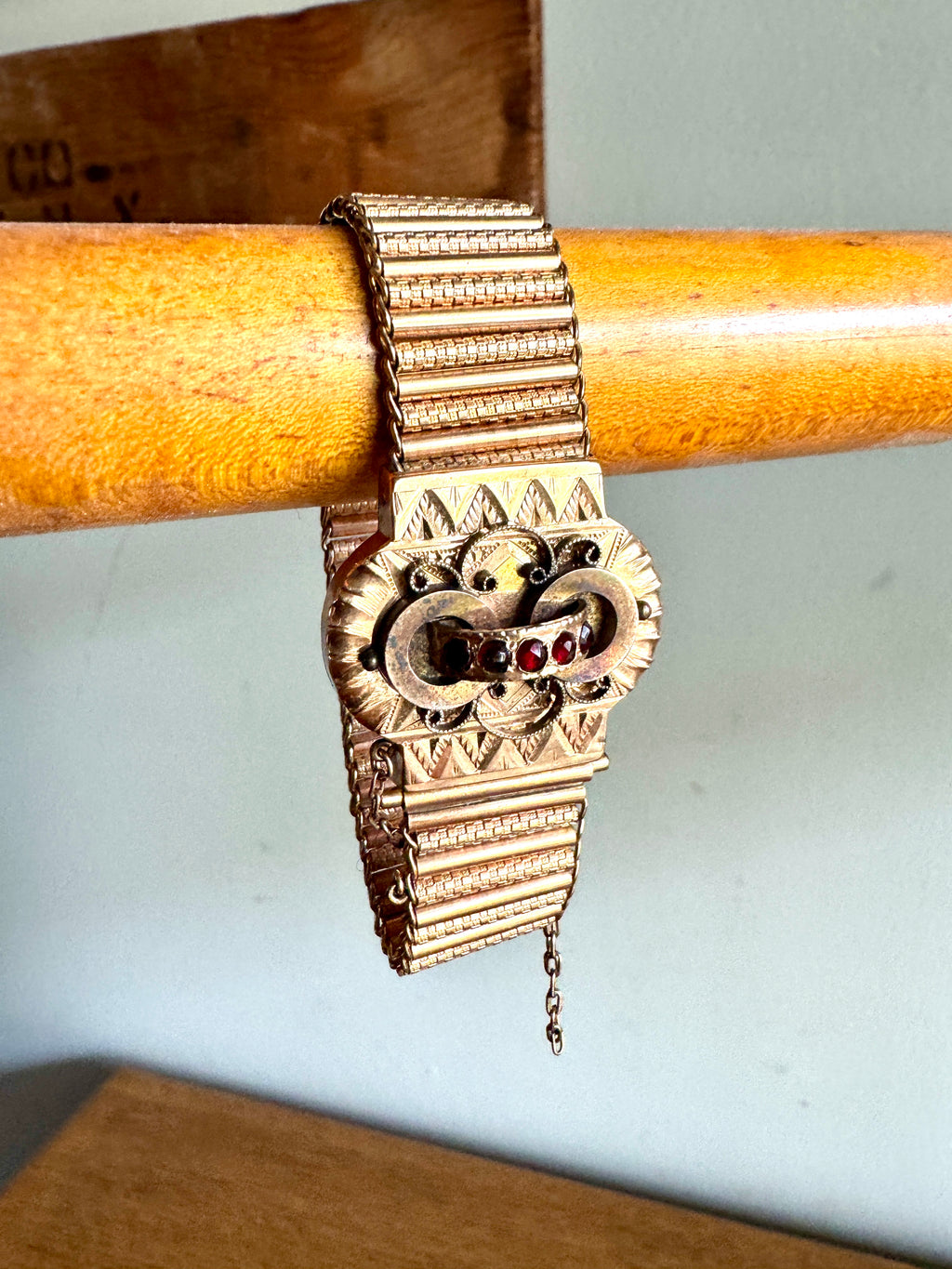 Antique Victorian Slide Bracelet with Red Stones | Ornate Gold Toned and Red Stone Book Chain Bracelet
