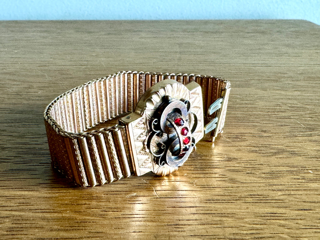 Antique Victorian Slide Bracelet with Red Stones | Ornate Gold Toned and Red Stone Book Chain Bracelet