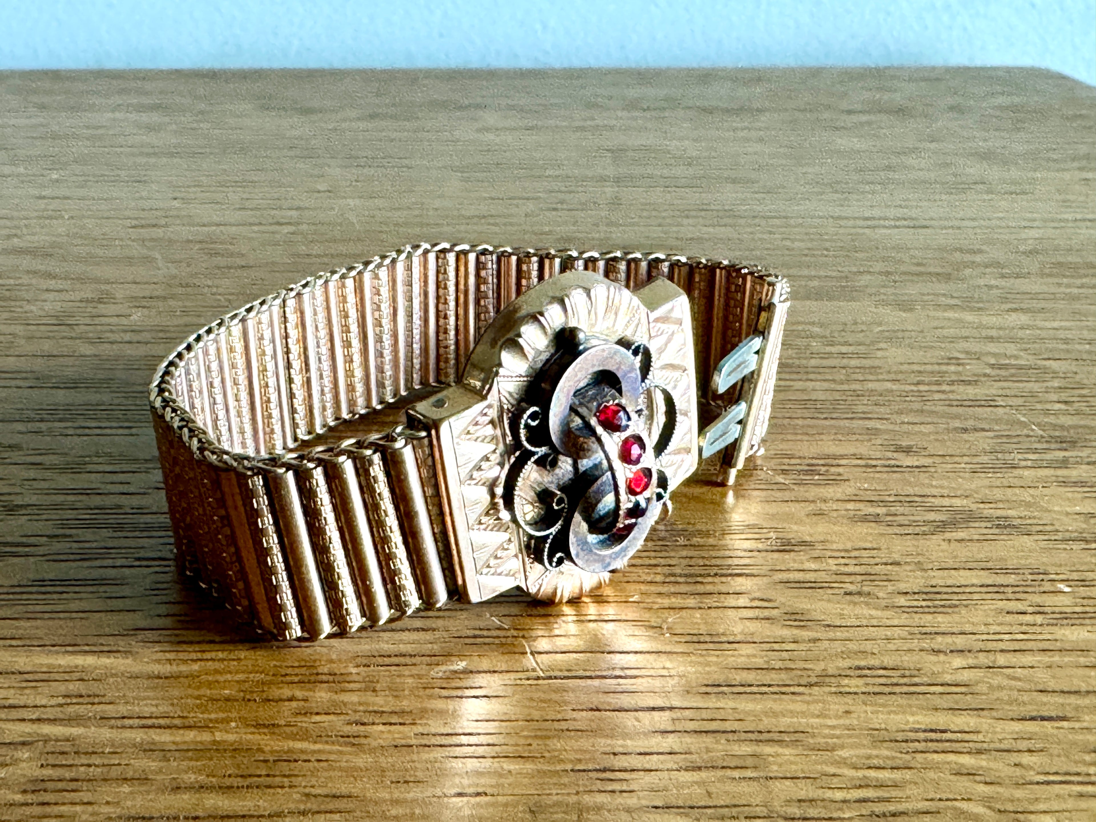 Antique Victorian Slide Bracelet with Red Stones | Ornate Gold Toned and Red Stone Book Chain Bracelet