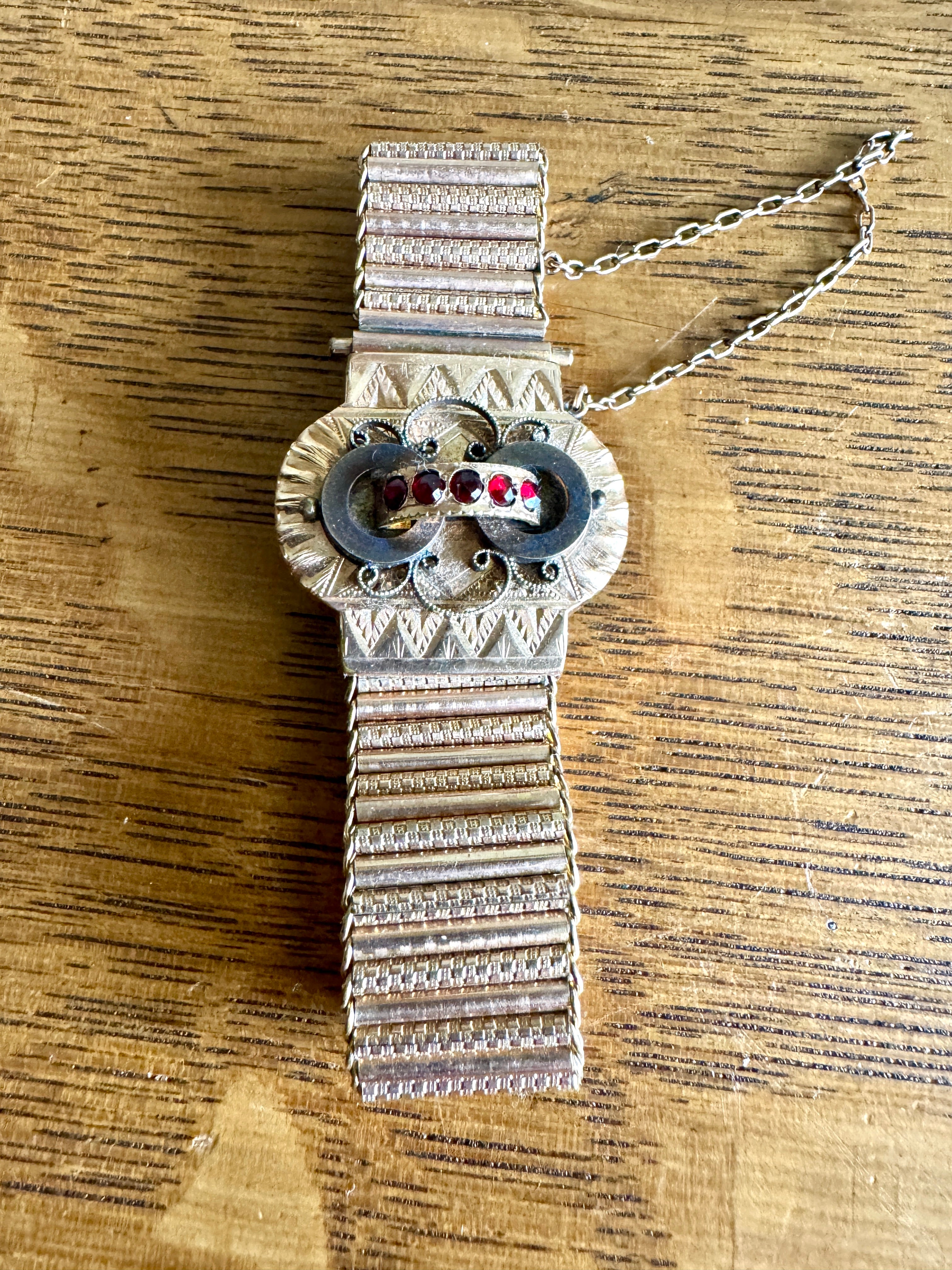 Antique Victorian Slide Bracelet with Red Stones | Ornate Gold Toned and Red Stone Book Chain Bracelet