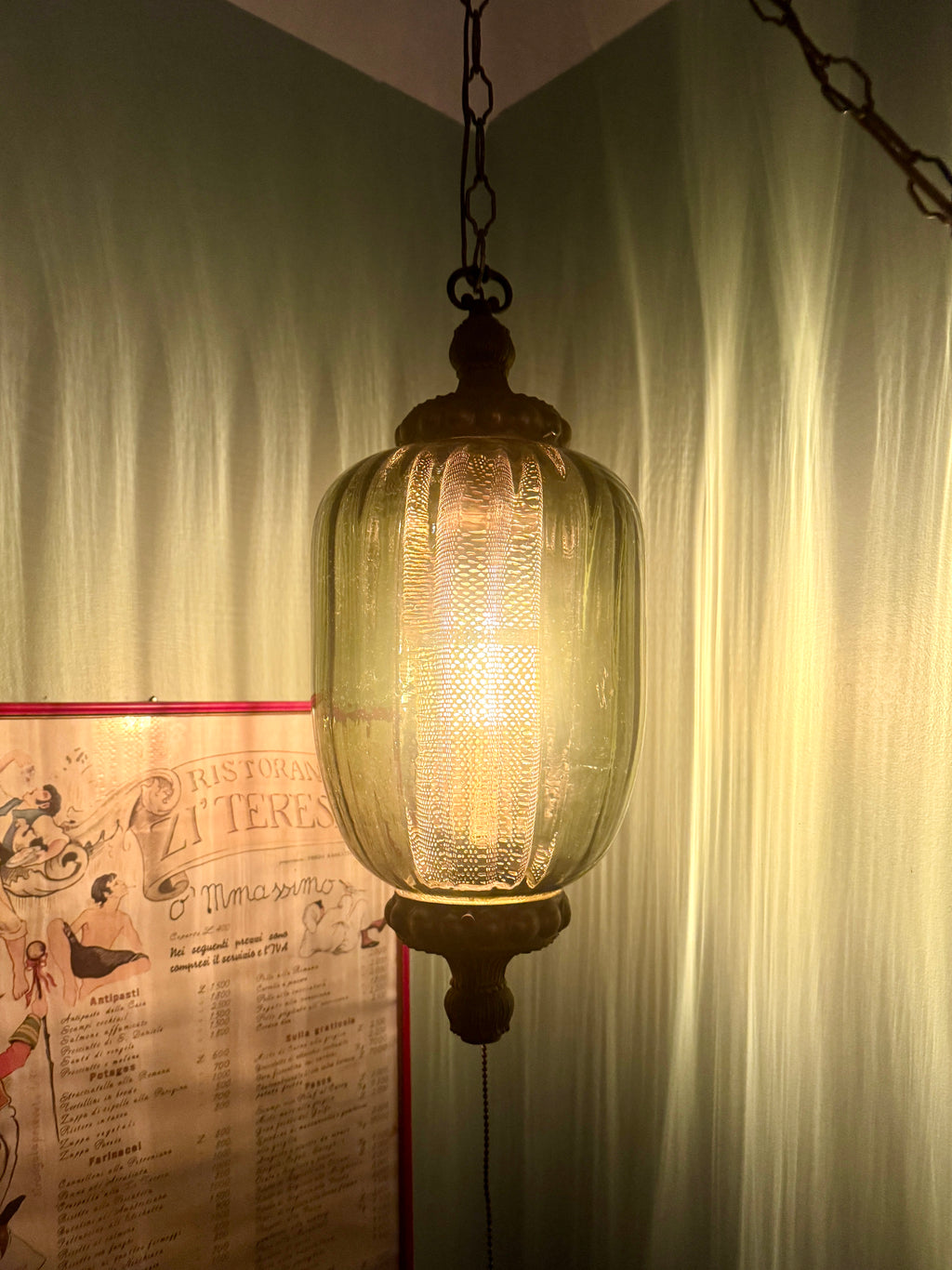 1960's Ribbed Green Glass Swag Lamp | Green Glass and Ornate Metal Pendant Lamp