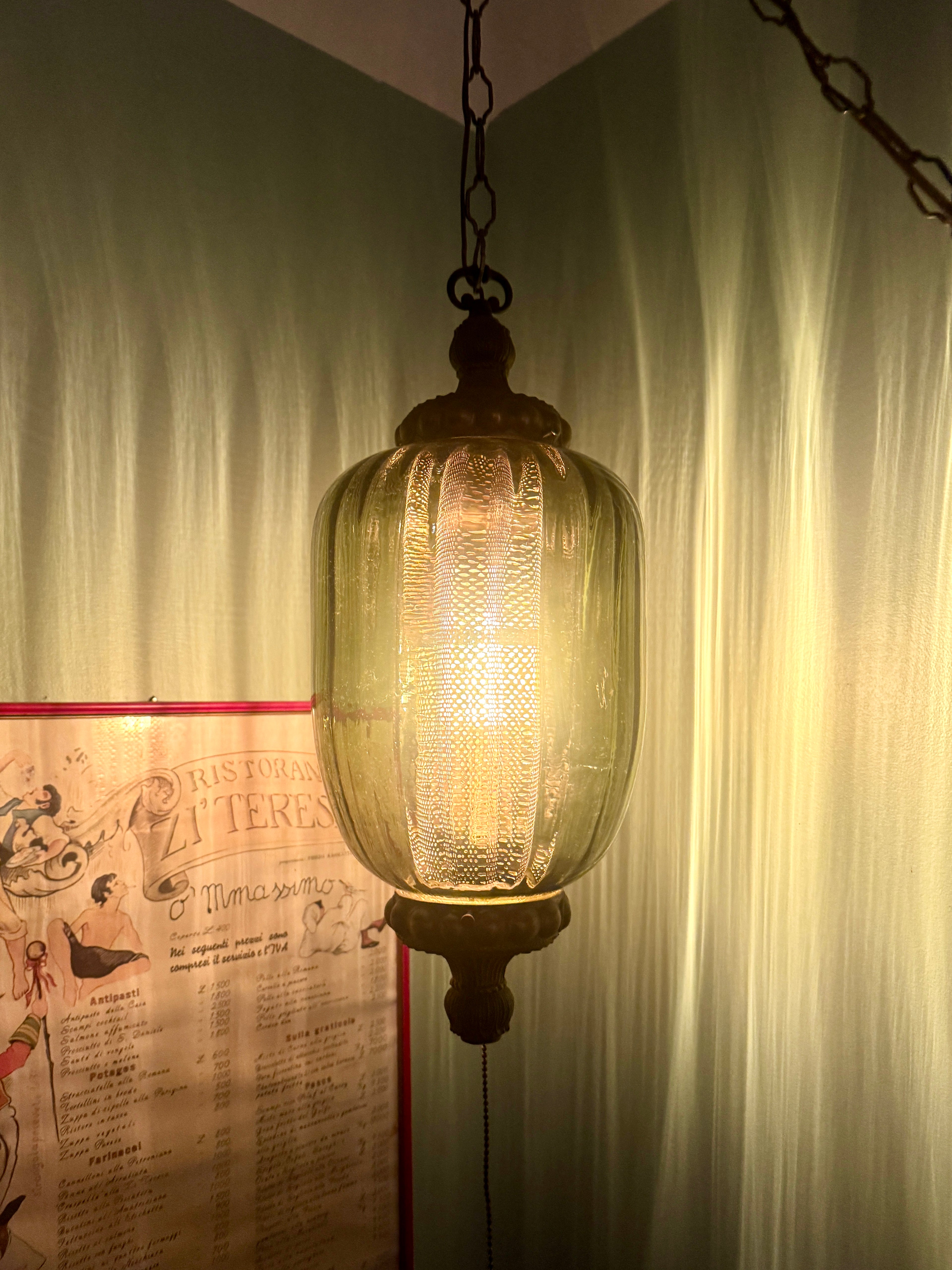 1960's Ribbed Green Glass Swag Lamp | Green Glass and Ornate Metal Pendant Lamp