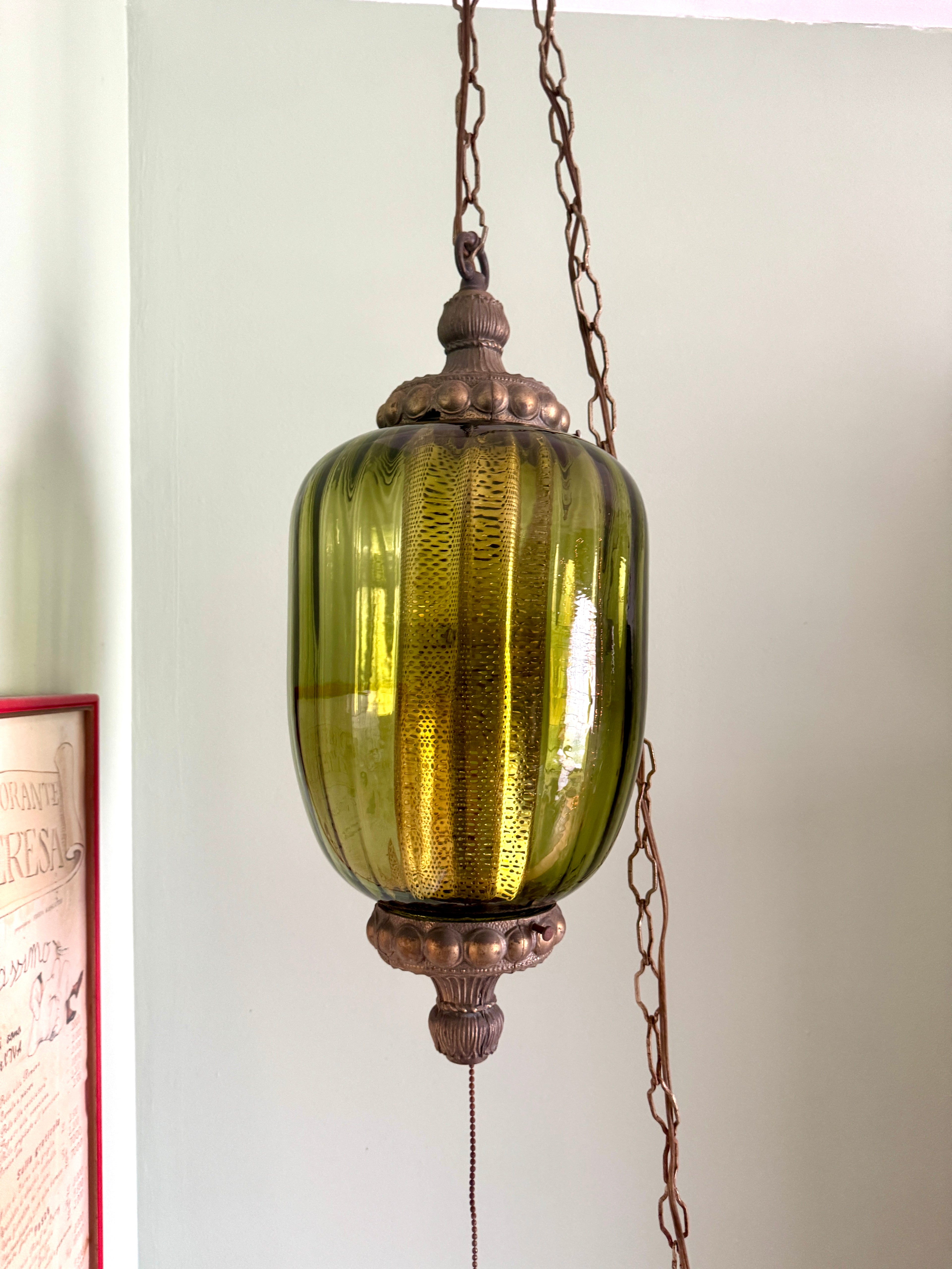1960's Ribbed Green Glass Swag Lamp | Green Glass and Ornate Metal Pendant Lamp