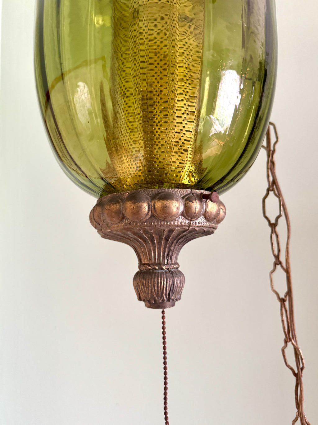 1960's Ribbed Green Glass Swag Lamp | Green Glass and Ornate Metal Pendant Lamp