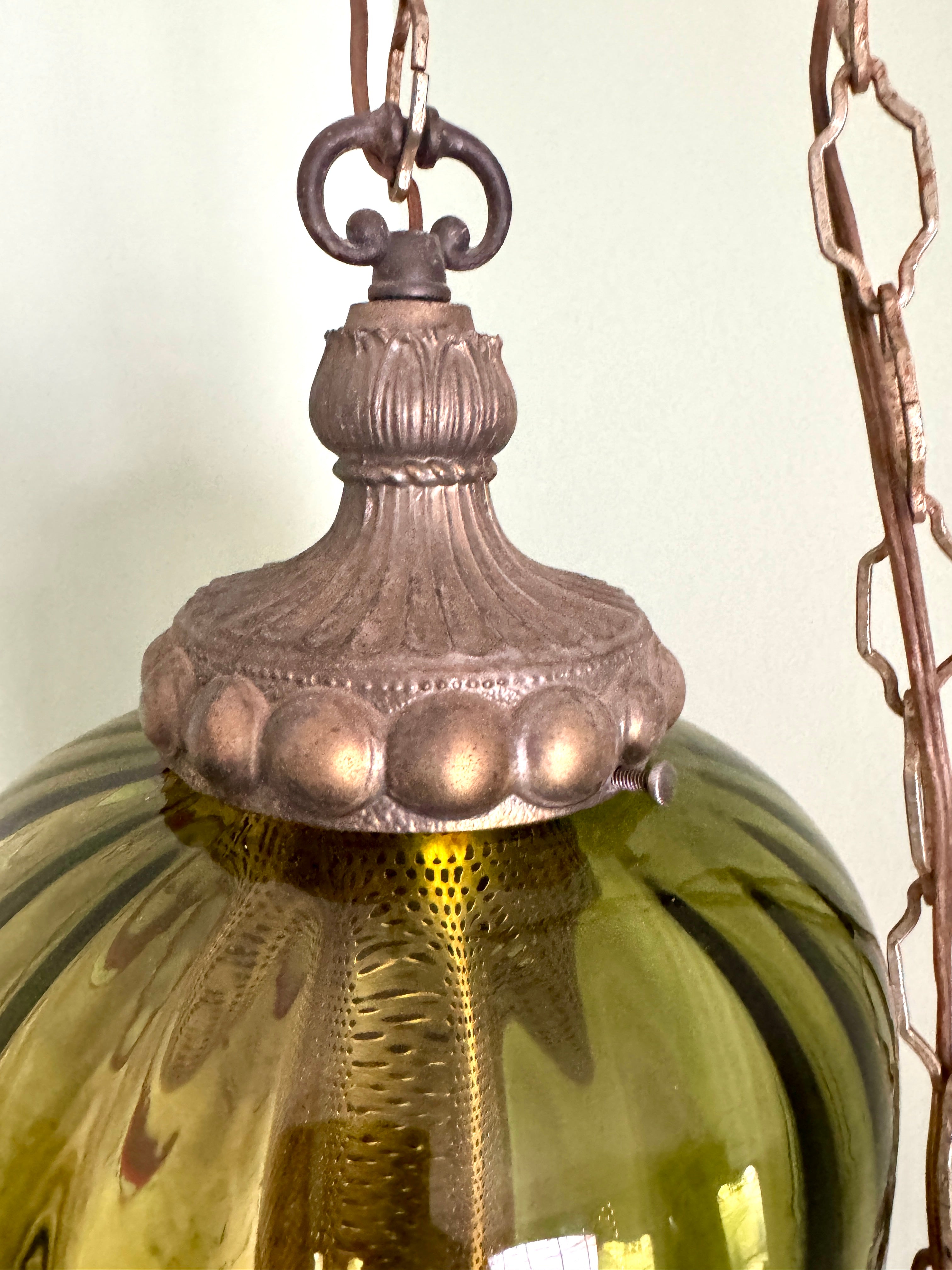 1960's Ribbed Green Glass Swag Lamp | Green Glass and Ornate Metal Pendant Lamp