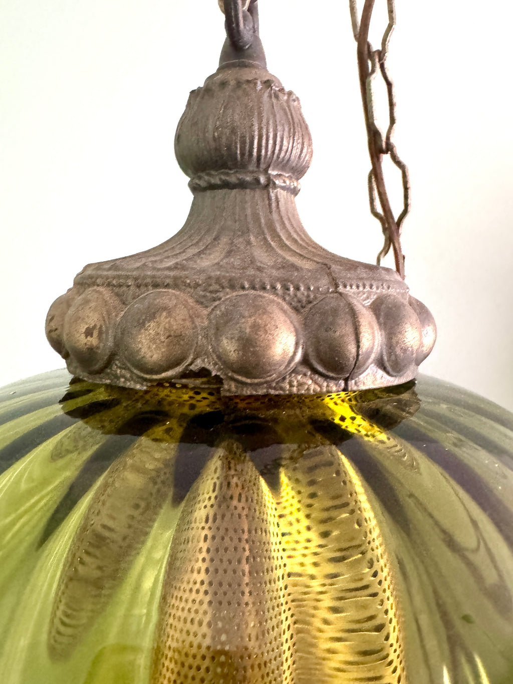 1960's Ribbed Green Glass Swag Lamp | Green Glass and Ornate Metal Pendant Lamp