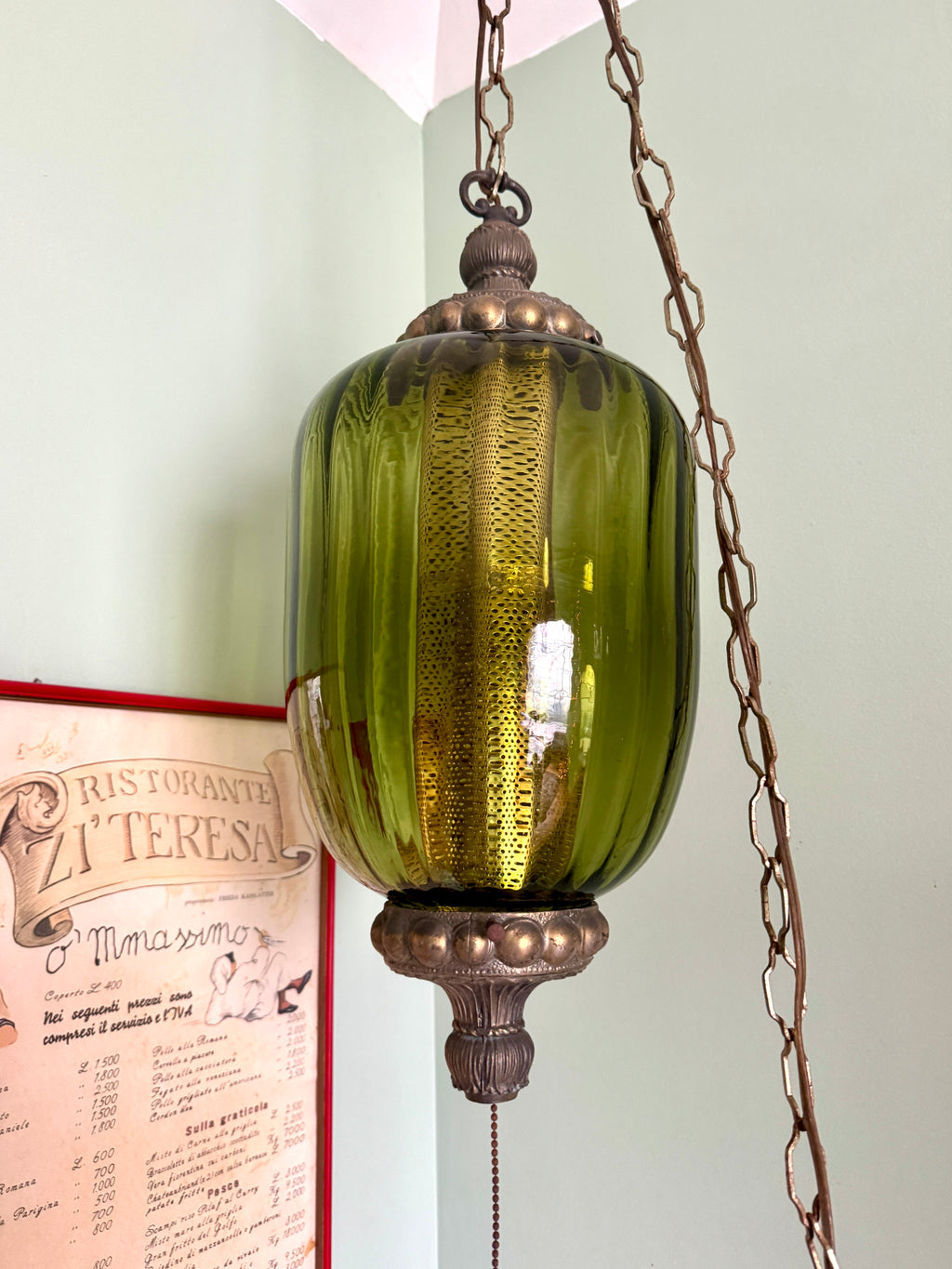 1960's Ribbed Green Glass Swag Lamp | Green Glass and Ornate Metal Pendant Lamp