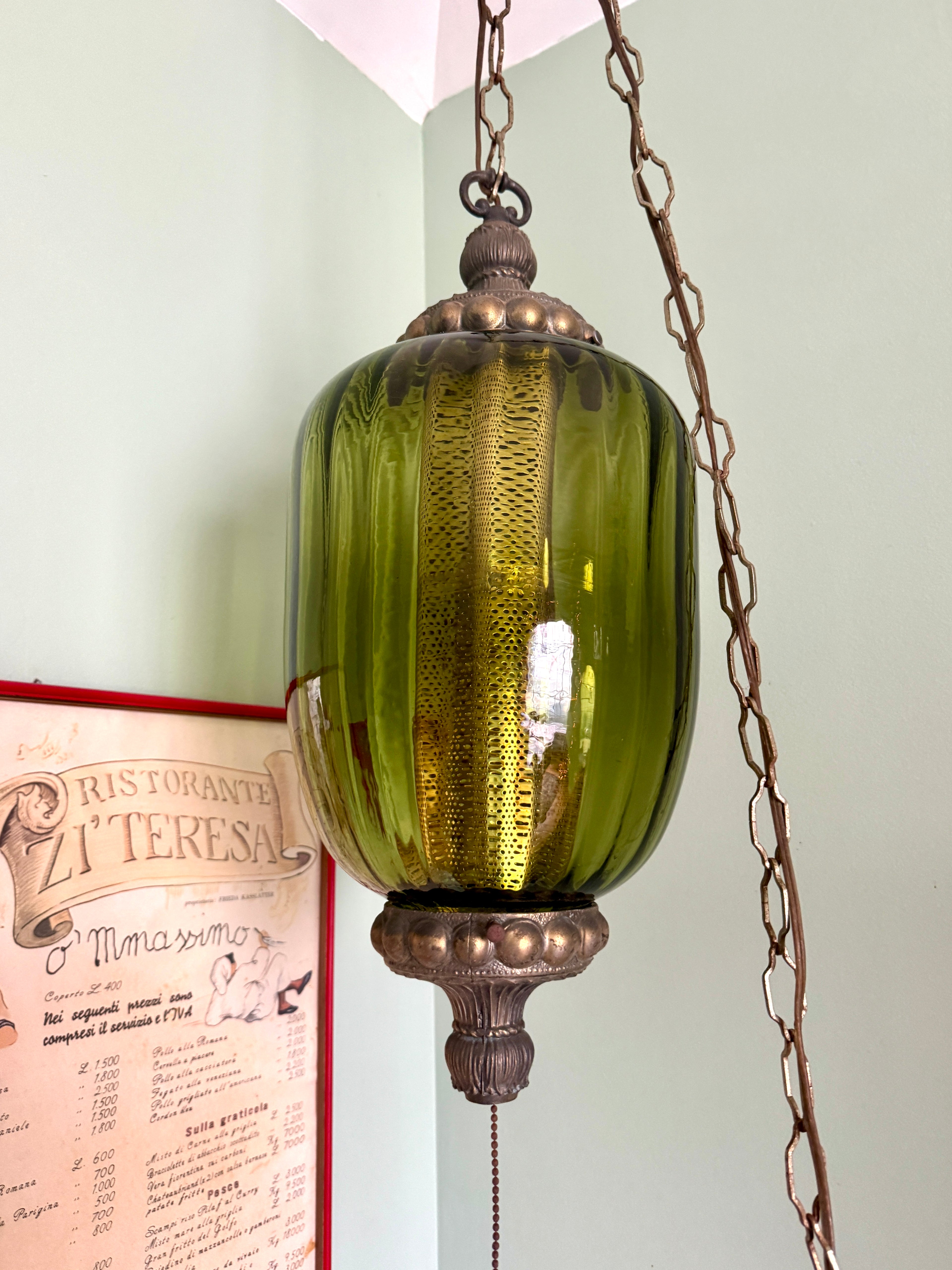 1960's Ribbed Green Glass Swag Lamp | Green Glass and Ornate Metal Pendant Lamp