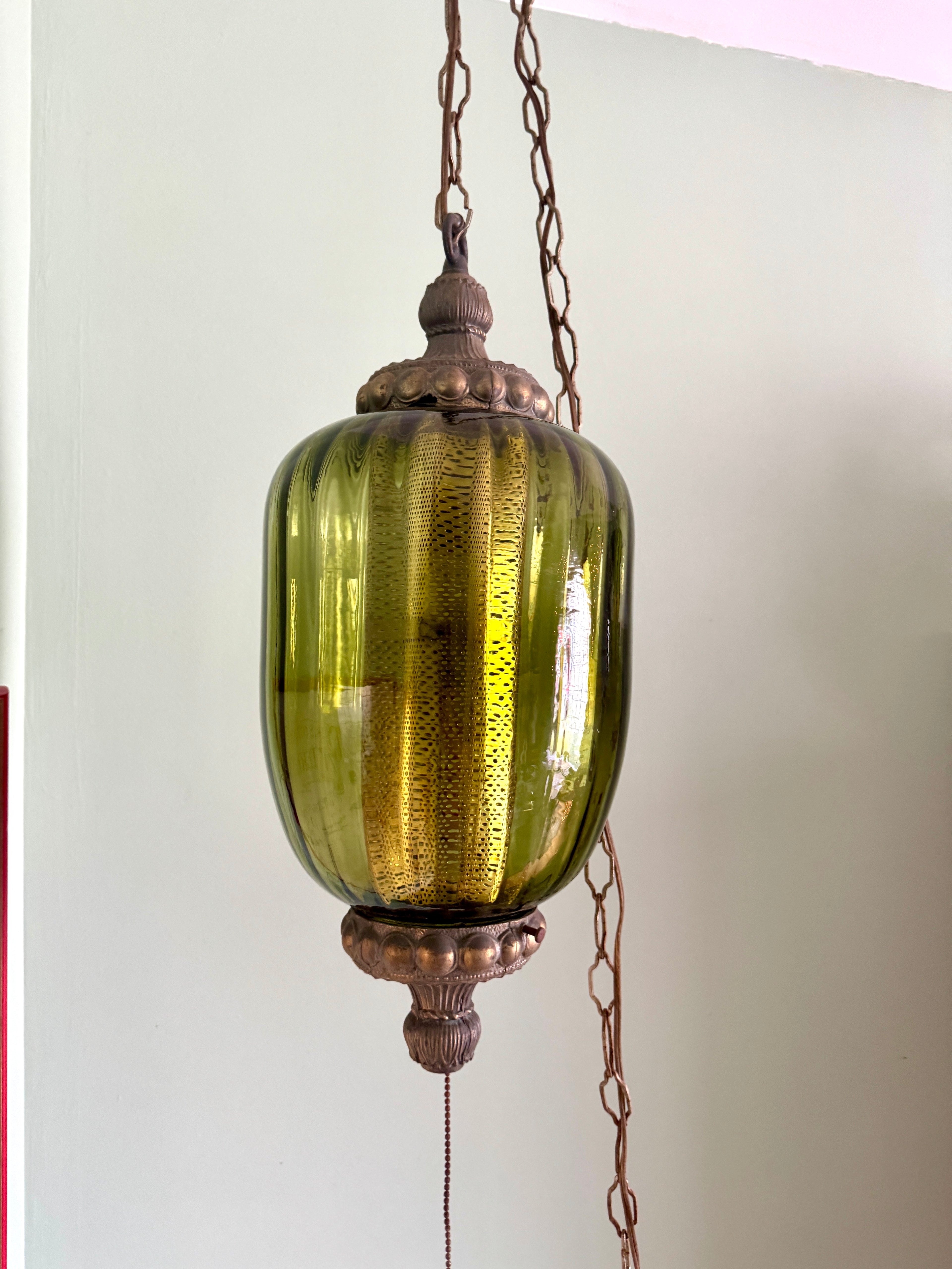 1960's Ribbed Green Glass Swag Lamp | Green Glass and Ornate Metal Pendant Lamp
