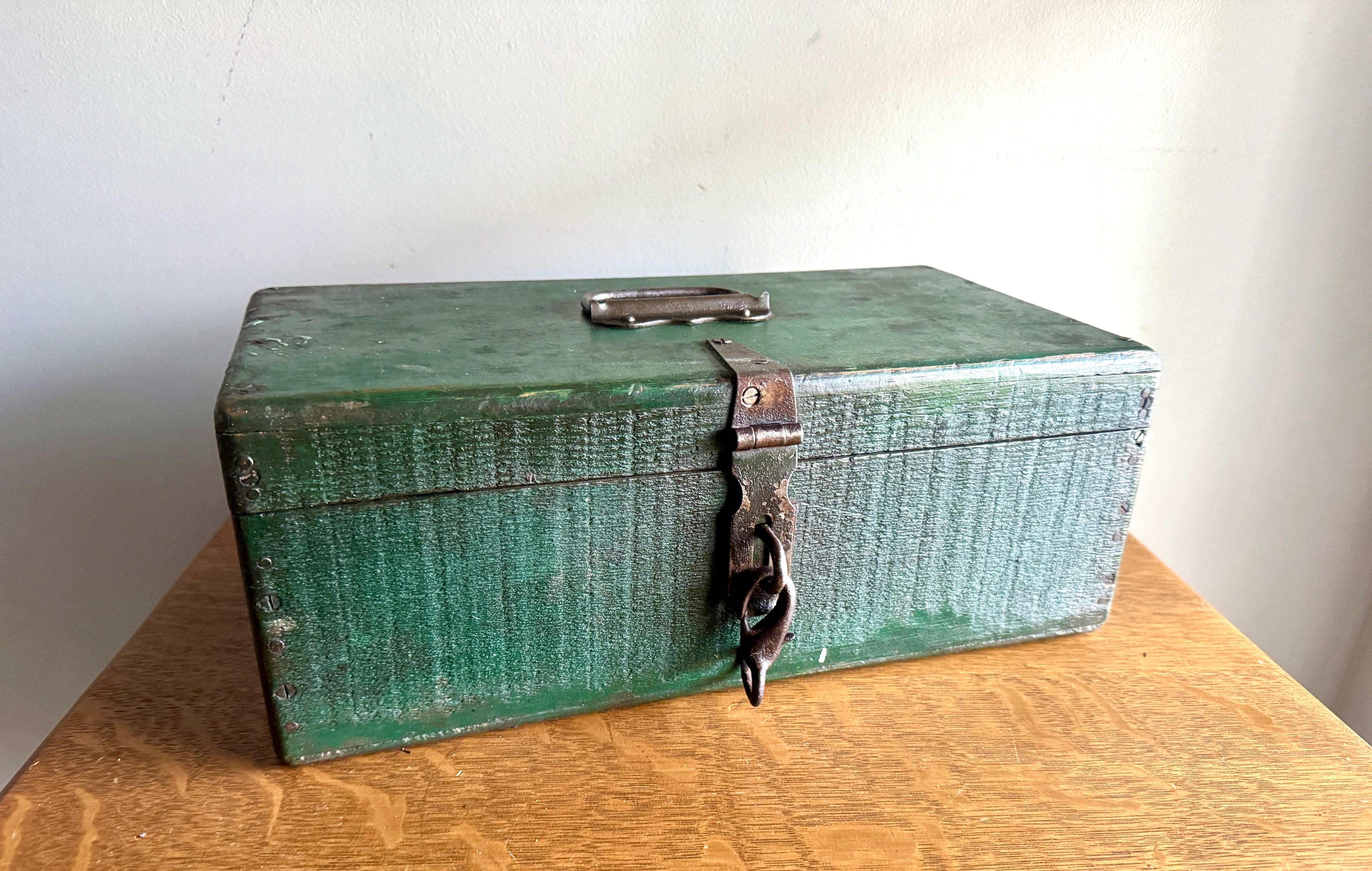 Early 1900's Wood Small Tool Chest | Green Wooden Tool Box With Caddy