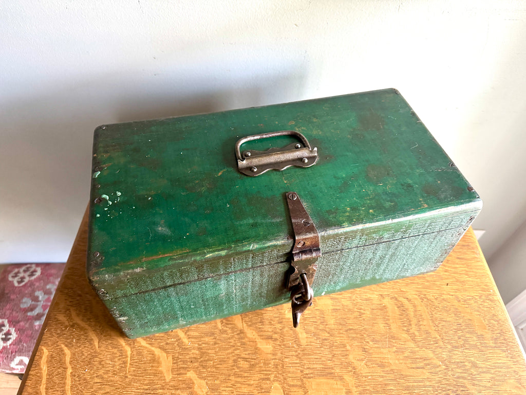 Early 1900's Wood Small Tool Chest | Green Wooden Tool Box With Caddy