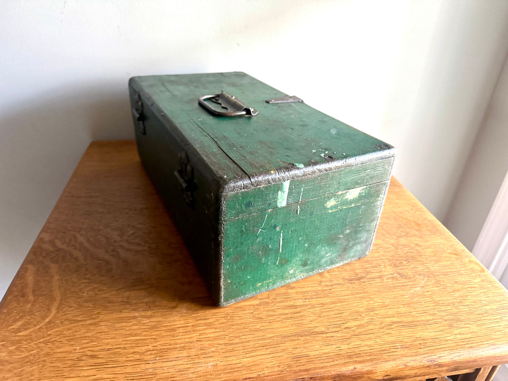 Early 1900's Wood Small Tool Chest | Green Wooden Tool Box With Caddy