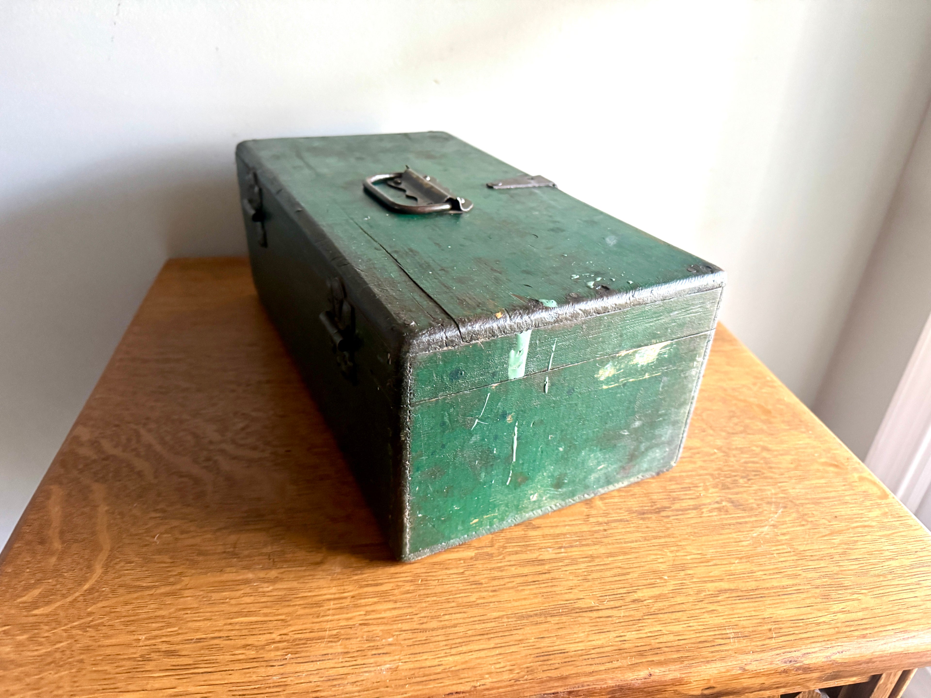 Early 1900's Wood Small Tool Chest | Green Wooden Tool Box With Caddy