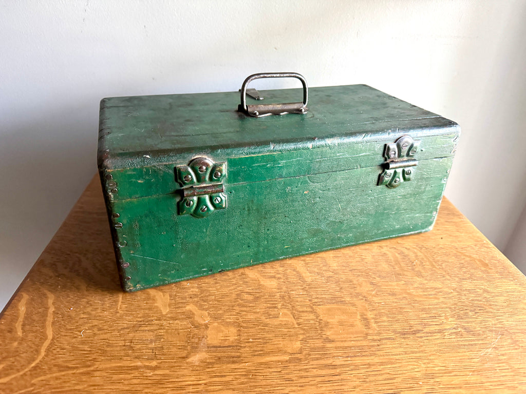 Early 1900's Wood Small Tool Chest | Green Wooden Tool Box With Caddy