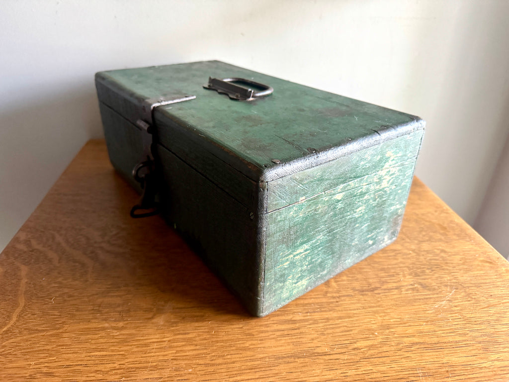 Early 1900's Wood Small Tool Chest | Green Wooden Tool Box With Caddy